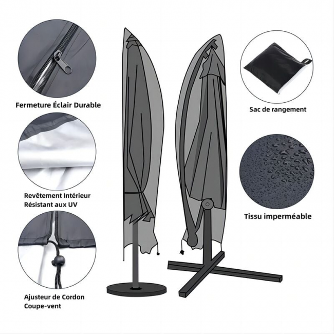 Grande housse imperméable pour parasol déporté avec fermeture éclair et cordon, 265 cm, noir - 3