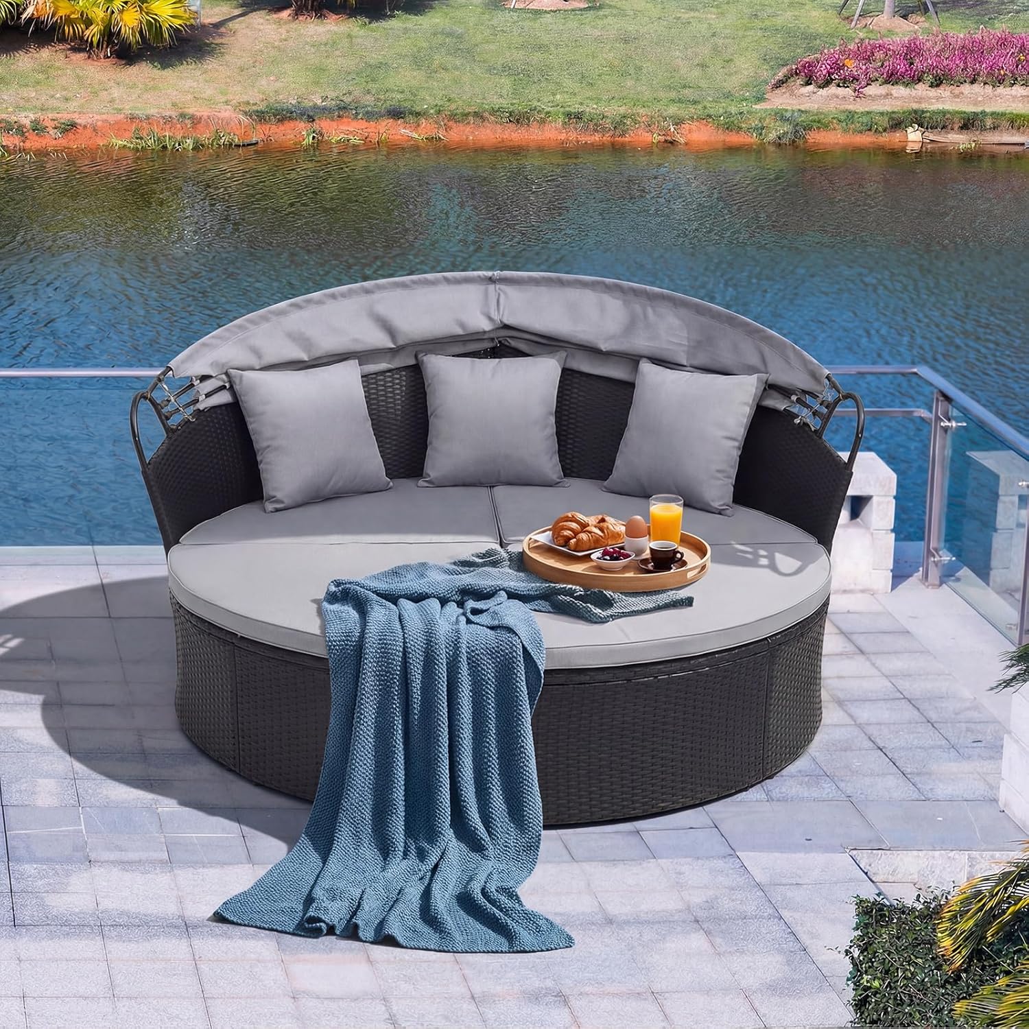 GIANTEX Lit de Jardin Rond en Rotin PE avec Auvent Rétractable, avec Coussins et Oreillers Amovibles Charge 360KG,pour Jardin Porche,Gris - 8