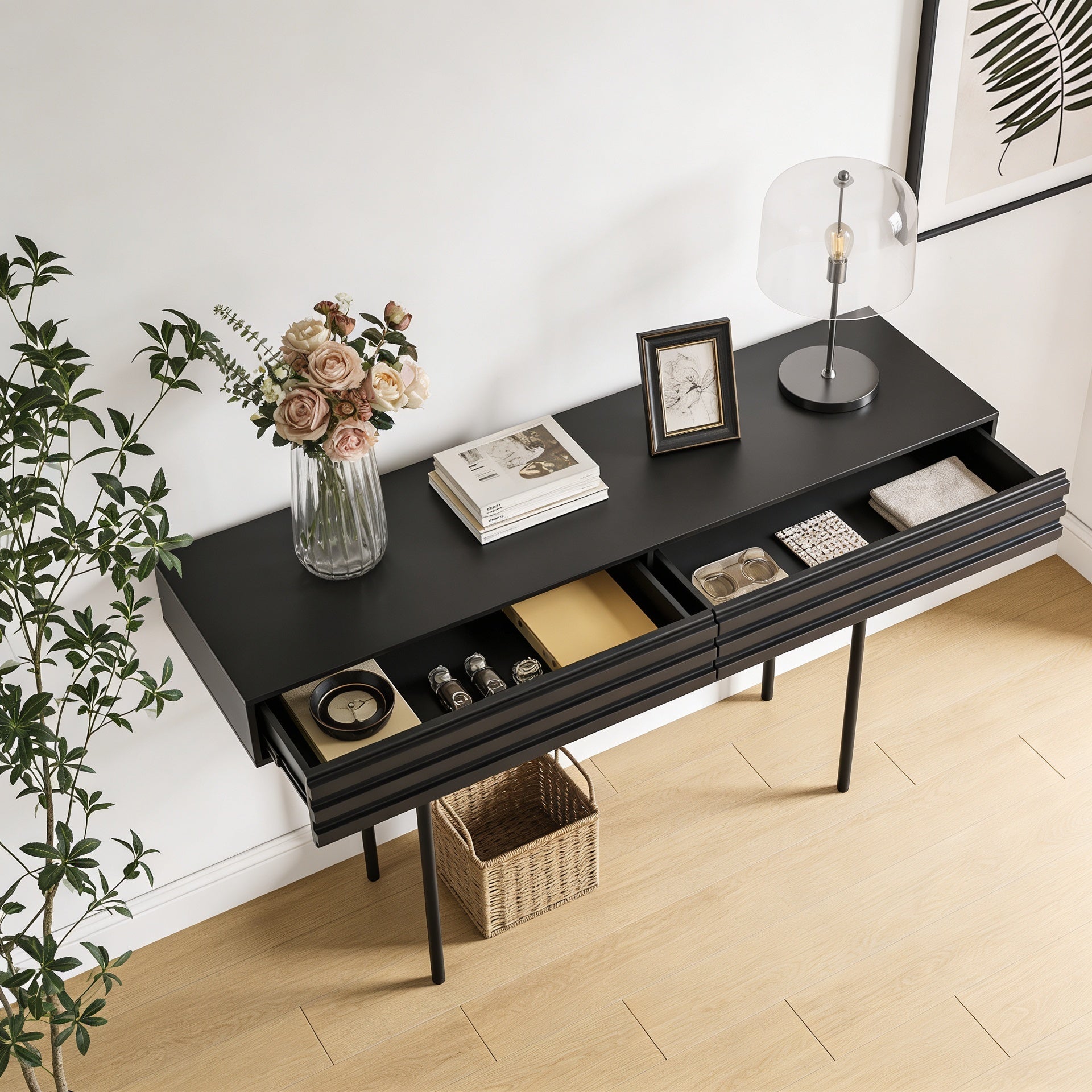 Table console Moderne avec 2 Tiroirs, Meuble d’entrée avec Pieds en Métal, 160x40.5x80.5, Noir - 4