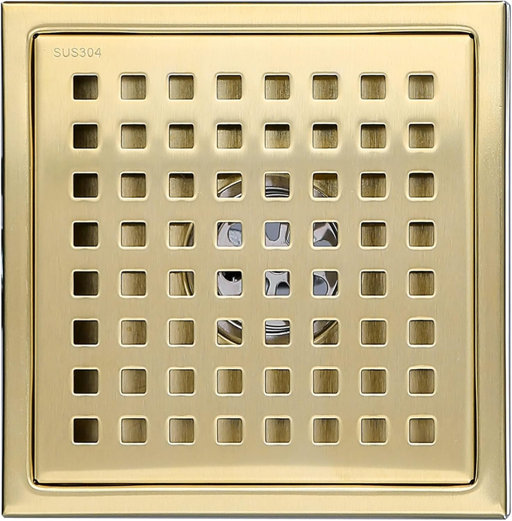 1 szt. Złoty kwadratowy odpływ prysznicowy ze stali nierdzewnej 15x15 cm Odpływ podłogowy z pokrywą, mosiężny rdzeń dezodorujący, szczotkowane złoto
