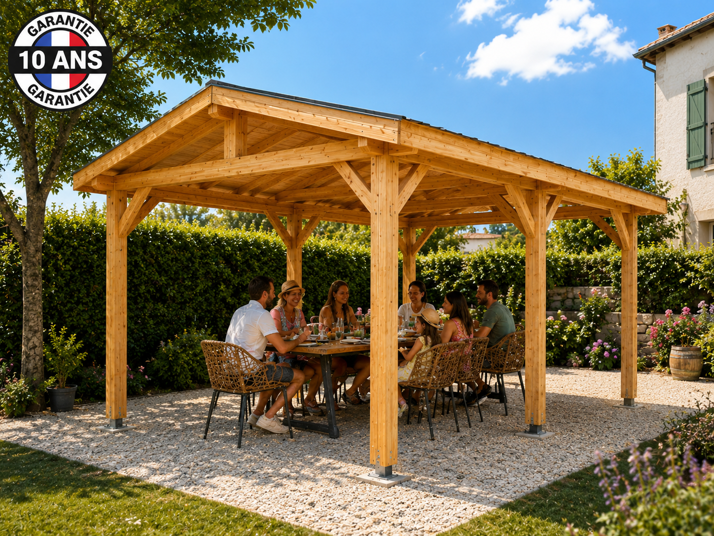 Carport bois 2 pentes en bois douglas 18 m², 6 poteaux. Abri voiture extérieur. Garantie 10 ans. - 6