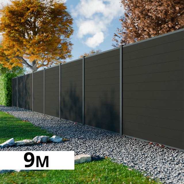Kit Clôture Bois Composite Anthracite 9x1,8m RIO - Poteaux en Aluminium Gris - Brise Vue - Palissade
