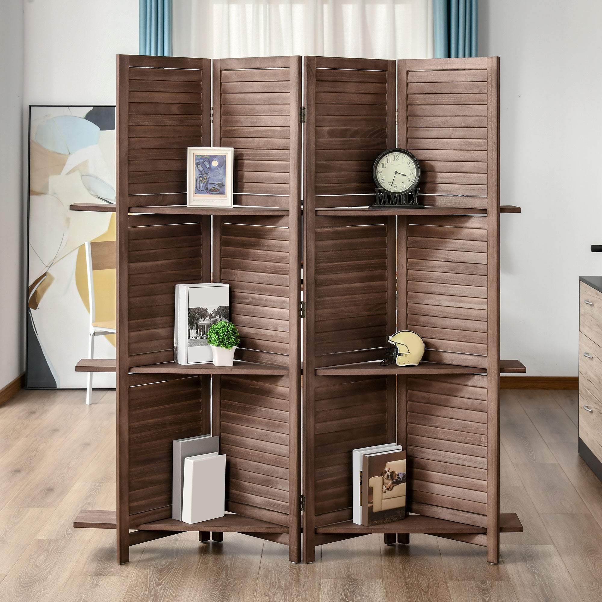 Paravent intérieur 4 Panneaux 162Lx170Hcm 3 étagères Pliables séparateur de pièce Portes persiennes Bois de Paulownia Noyer - 9