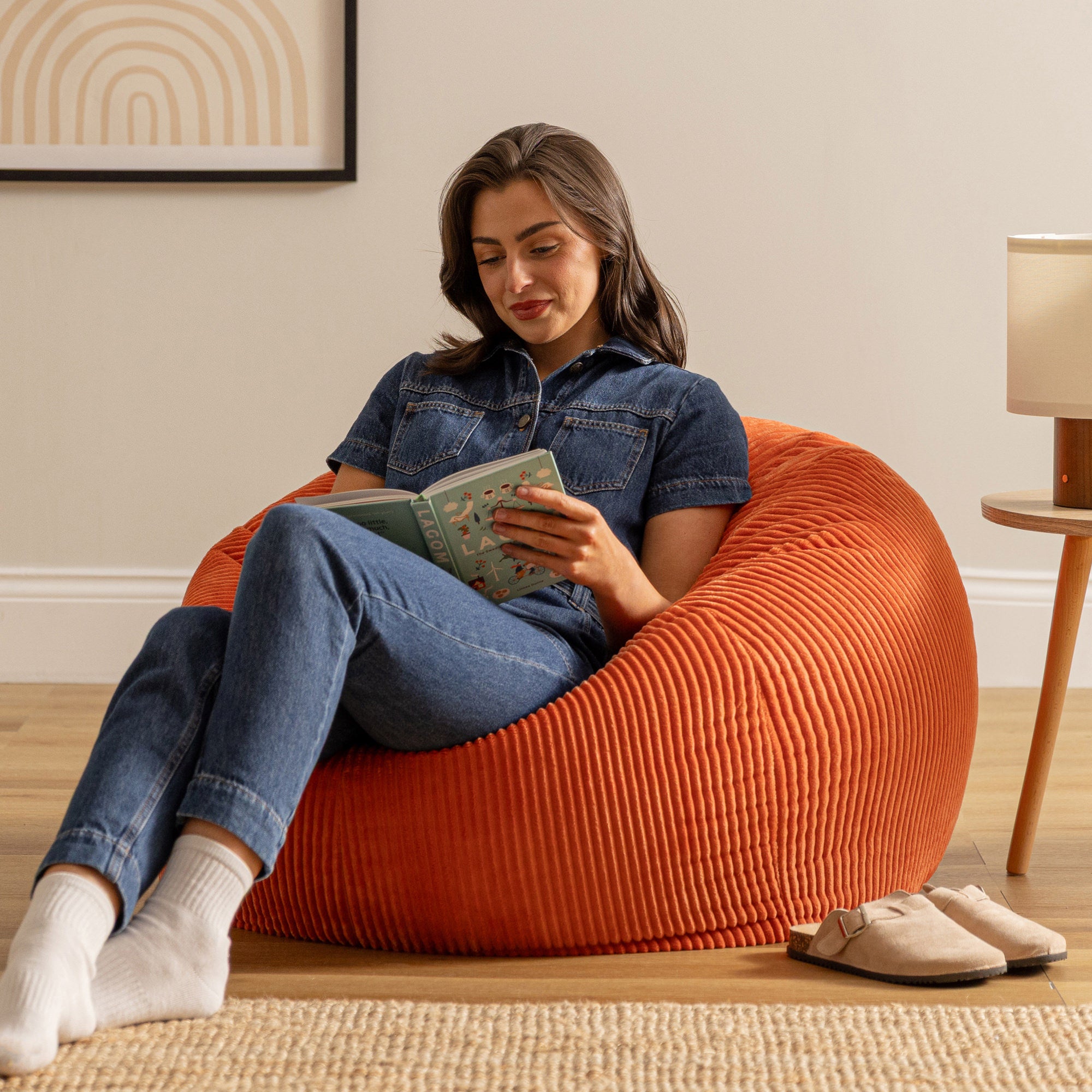 Pouf Icon in velluto a coste terracotta arancione, soggiorno, camera da letto, 85x85 cm, Made in Germany, Oeko-Tex® - 3