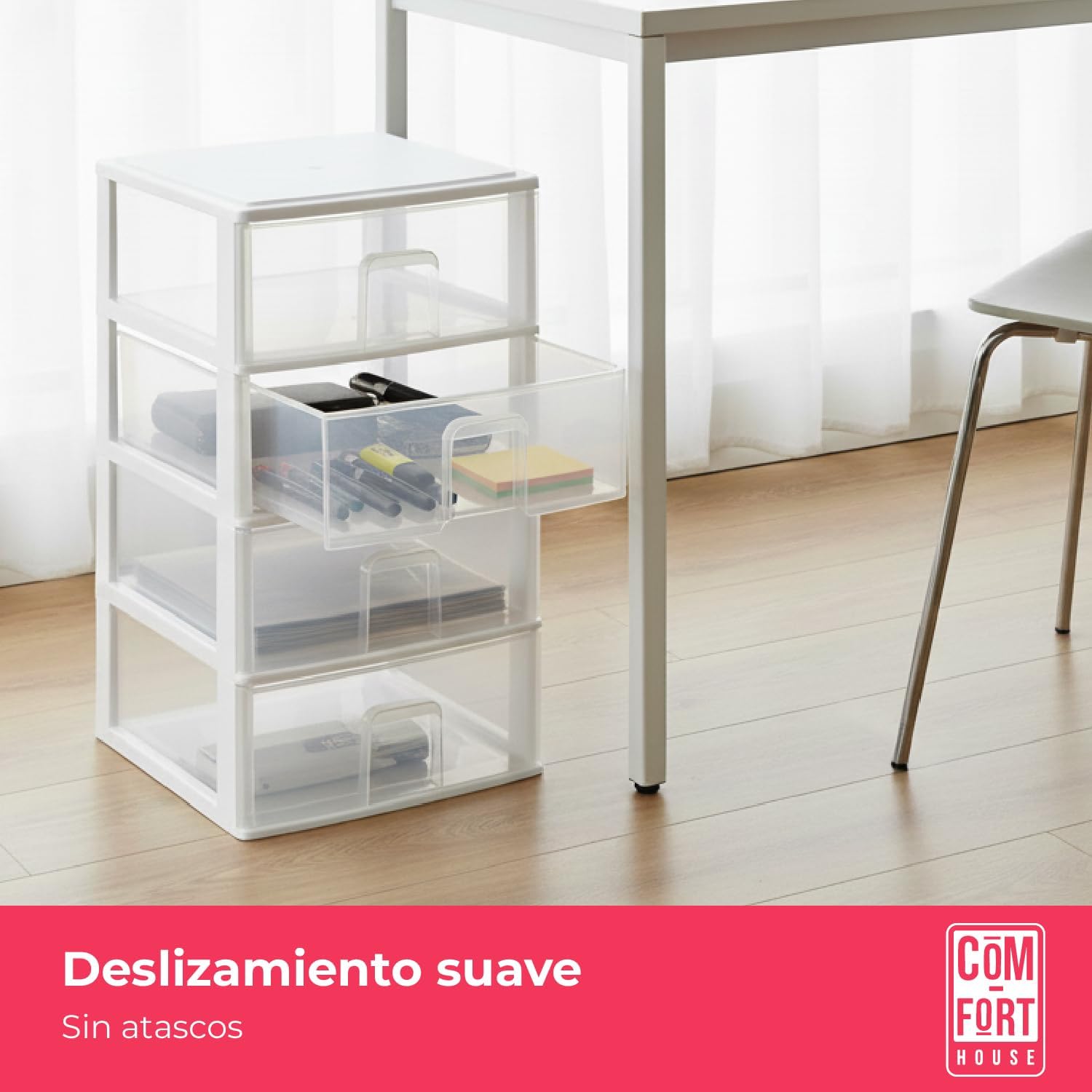 COM-FORT HOUSE | Cajonera Apilable de Plástico | Modelo Transparente | Color Blanco | Modelo de 3 Cajones | Cajones de Almacenamiento Modular - 4