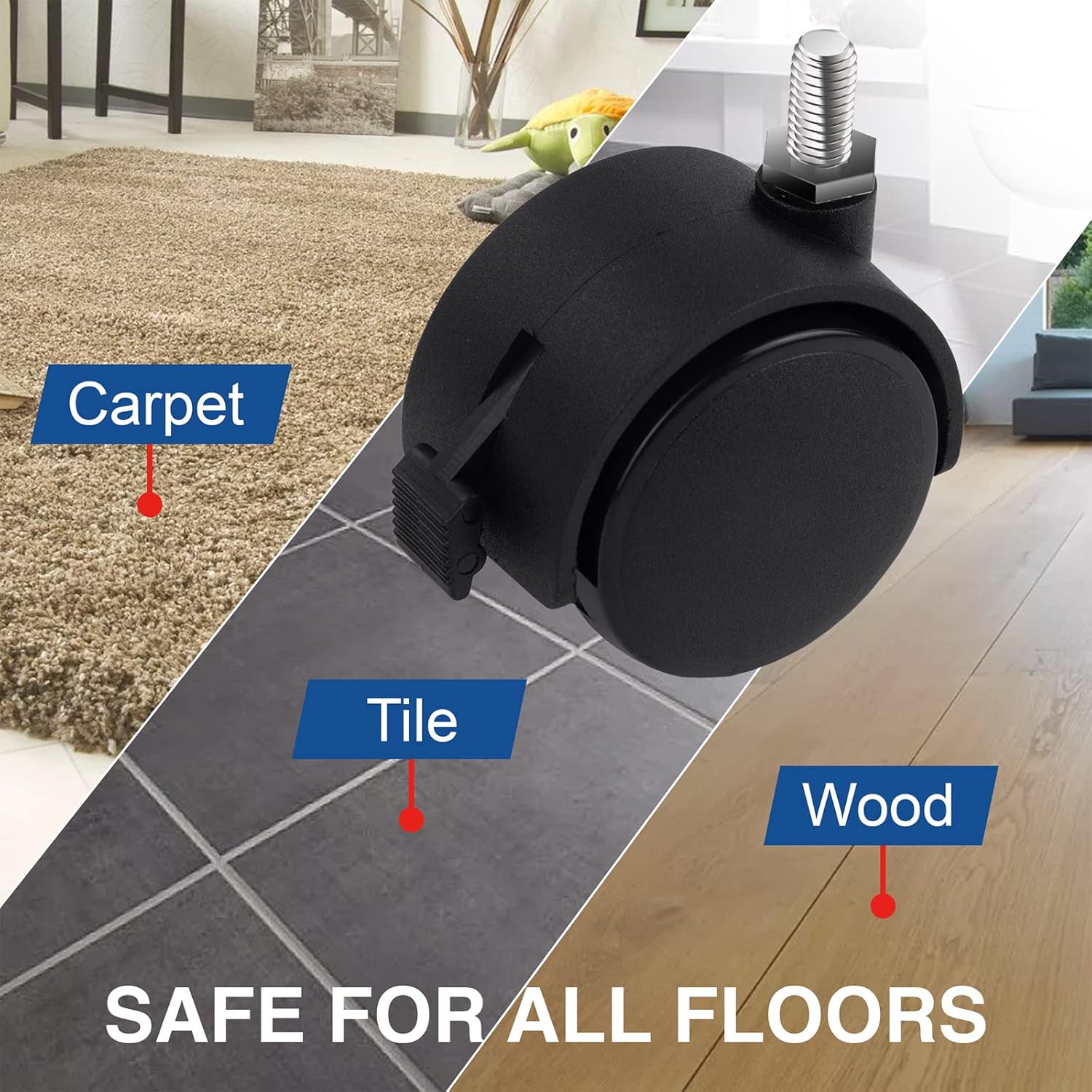 Unico a 4 roulette, avec freins, adattabile aux meubles, 40 mm diamètre, avec Boulons M8 e billette, noires. - 3