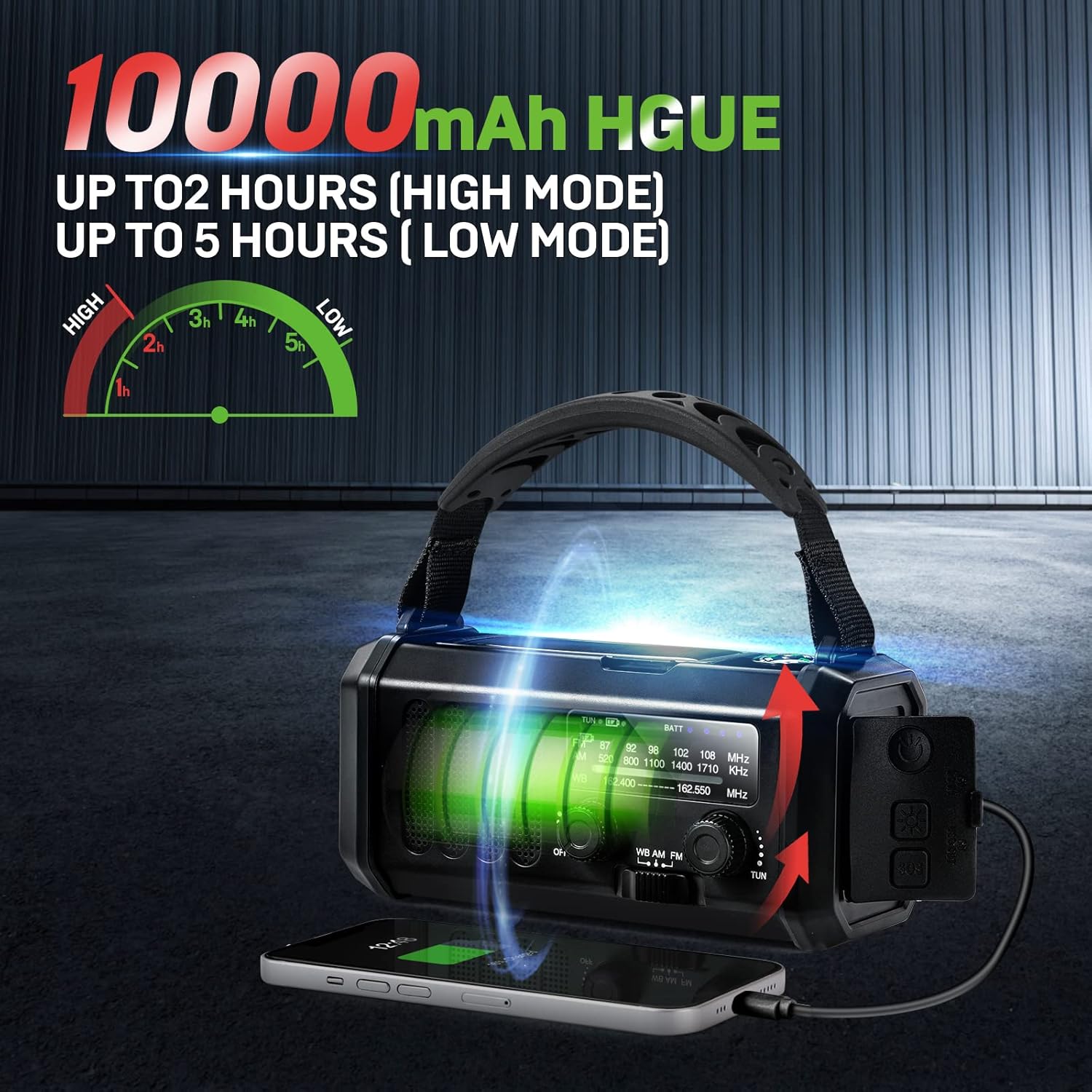 Radio z korbką ręczną 10000 mAh, czarne – radio awaryjne zasilane energią słoneczną – radio pogodowe NOAA/AM/FM – lampka do czytania LED, alarm SOS, k - 2