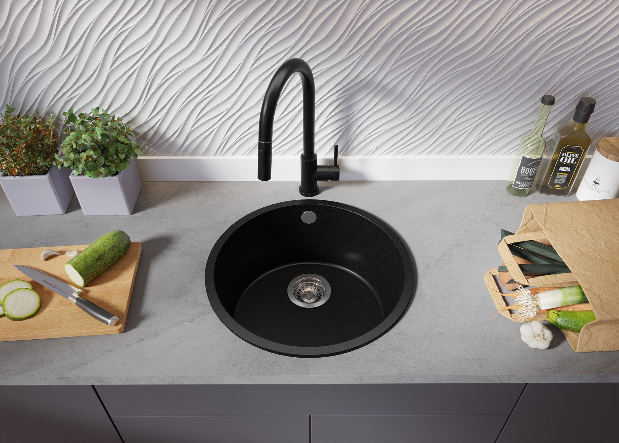 Lavandino Rotondo Tutto Nero 46x46cm, Lavello in Granito a 1 vasca + Sifone Classico + Accessori, Lavabo da Cucina Incasso al mobile 50cm PRIMAGRAN - 3