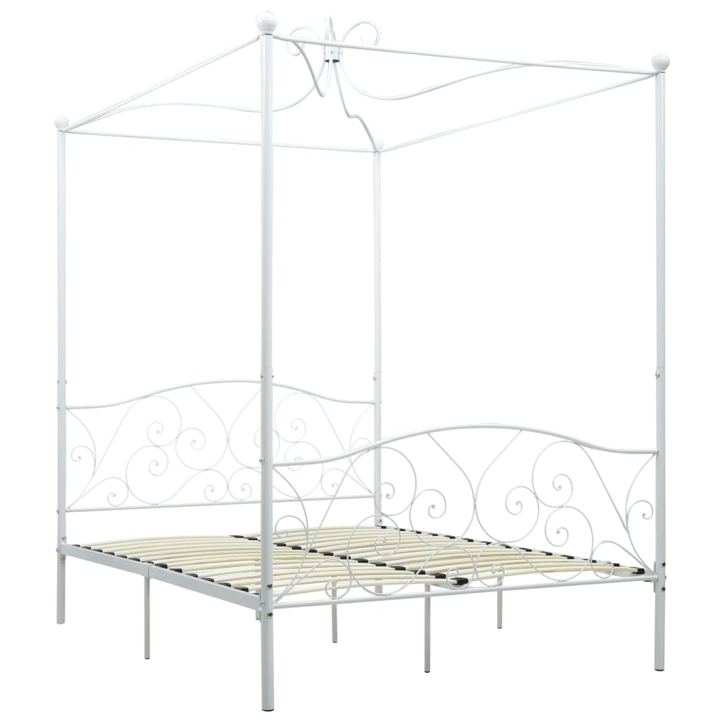 Cadre De Lit à Baldaquin En Métal Blanc 140x200 Cm - Sans Matelas | Style Industriel/Élégant - 3
