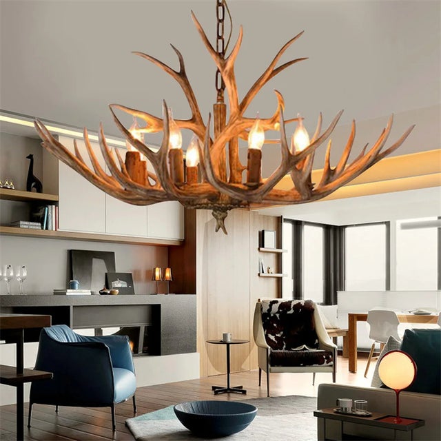 Lustre rétro en résine en forme de bois de cerf, luminaire suspendu en forme de corne de cerf pour salon, salle à manger, chambre à coucher, Noël