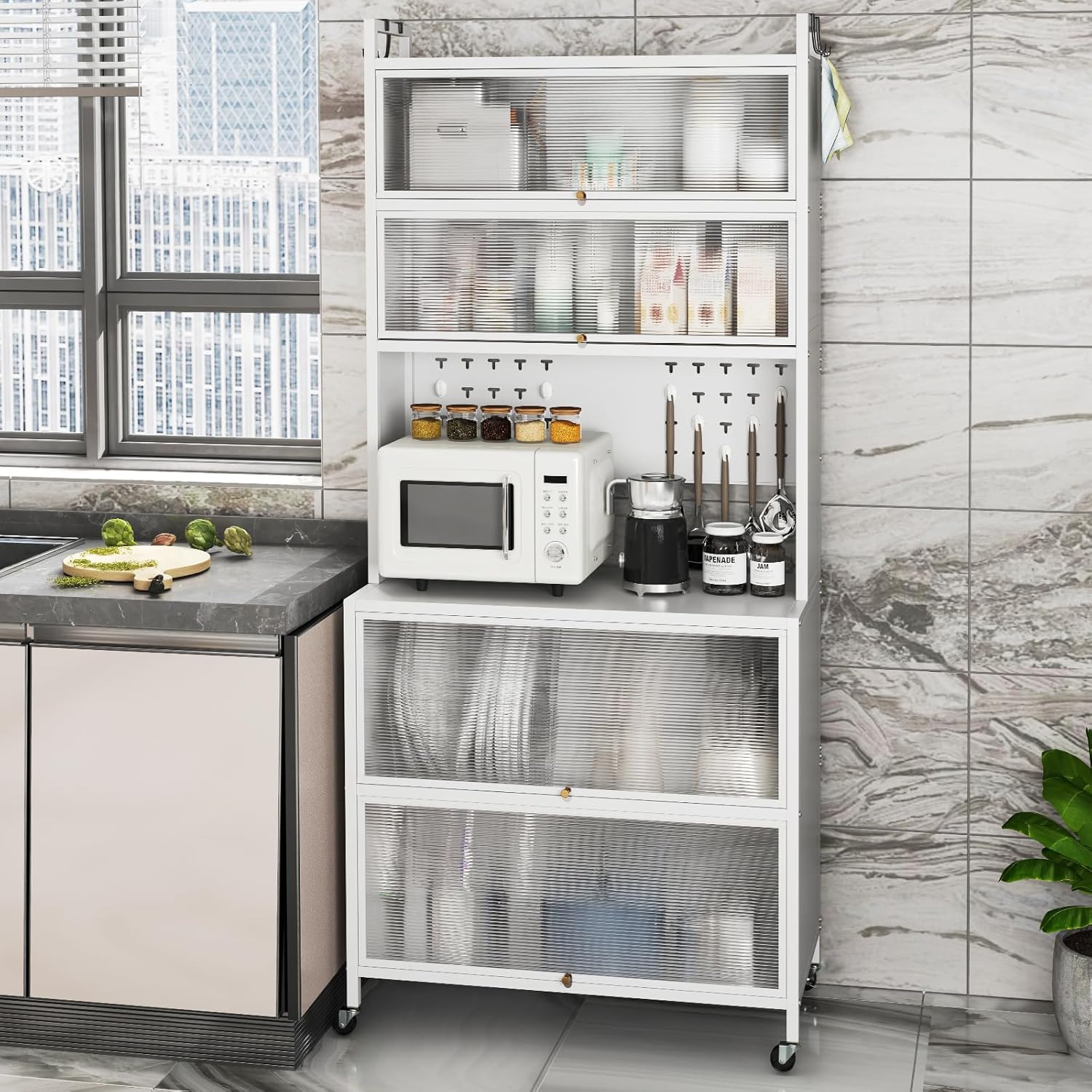 Meuble Cuisine Rangement 6 Niveaux, Etagere Rangement Cuisine en Fer, Portes Battantes, 10 Crochets Support Micro-Ondes (Blanc) - 2
