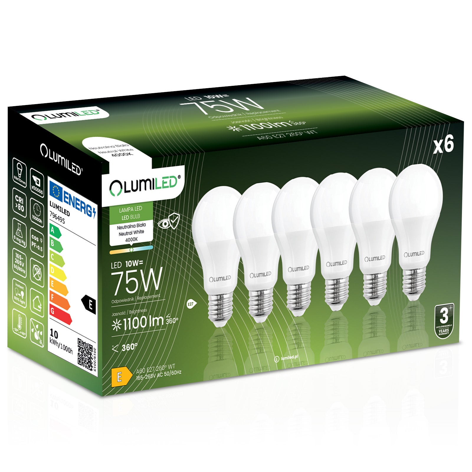 Żarówka LED Lumiled E27 A60 10W 1100lm 4000K Neutralna biel 260st 6 szt.