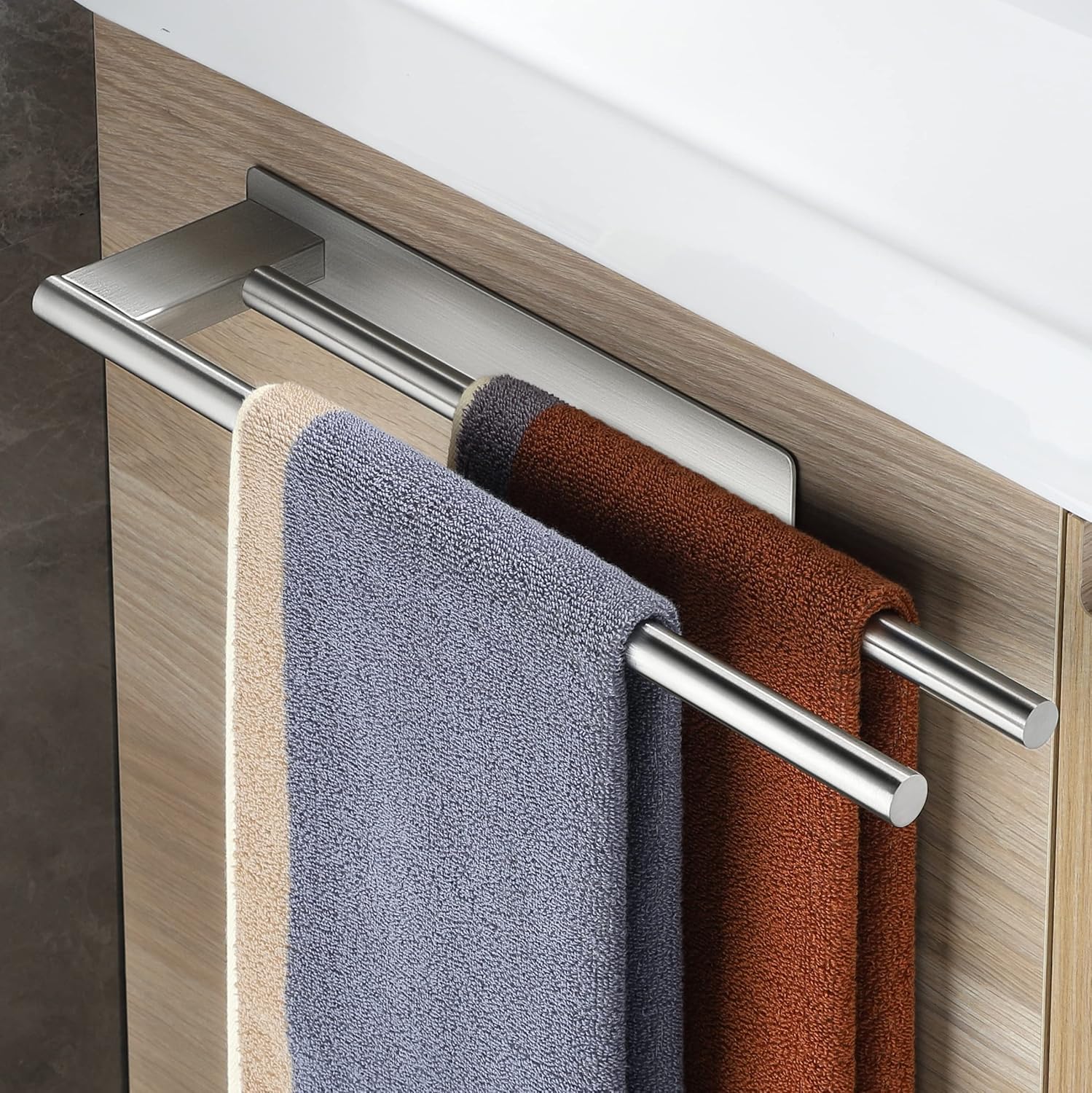 Wieszak na ręczniki łazienkowe, podwójny uchwyt na ręczniki, samoprzylepny, ze stali nierdzewnej, dwuramienny, montowany na ścianie, srebrny