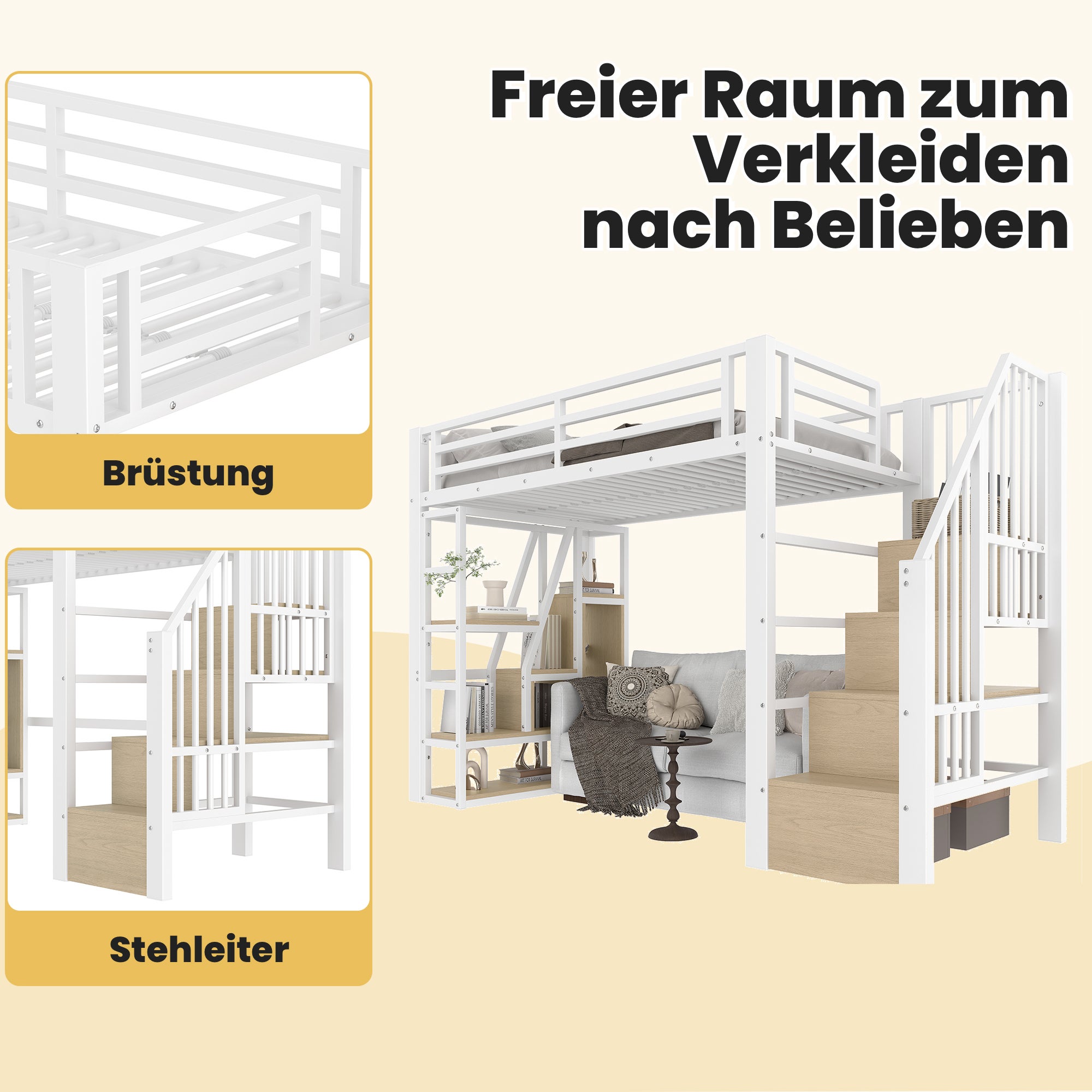Łóżko piętrowe 90 x 200 cm z przegródkami, półkami i diodami LED - MDF + rama żelazna - białe (materac nie jest wliczony w cenę) - 3