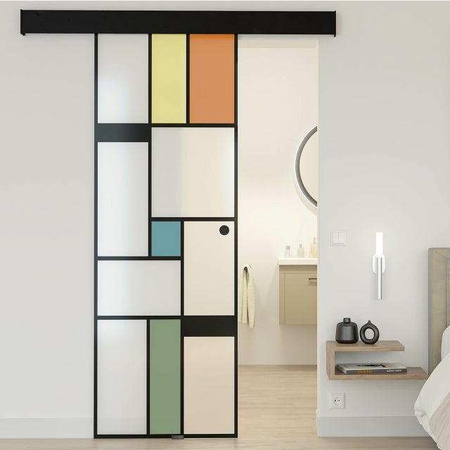 KIT Porte coulissante en verre + Rail à pince couleur Noir Coffrage - MONDO OPAQUE - H. 204 x L. 83 - Fabrication Française AURYS NORMANDIE