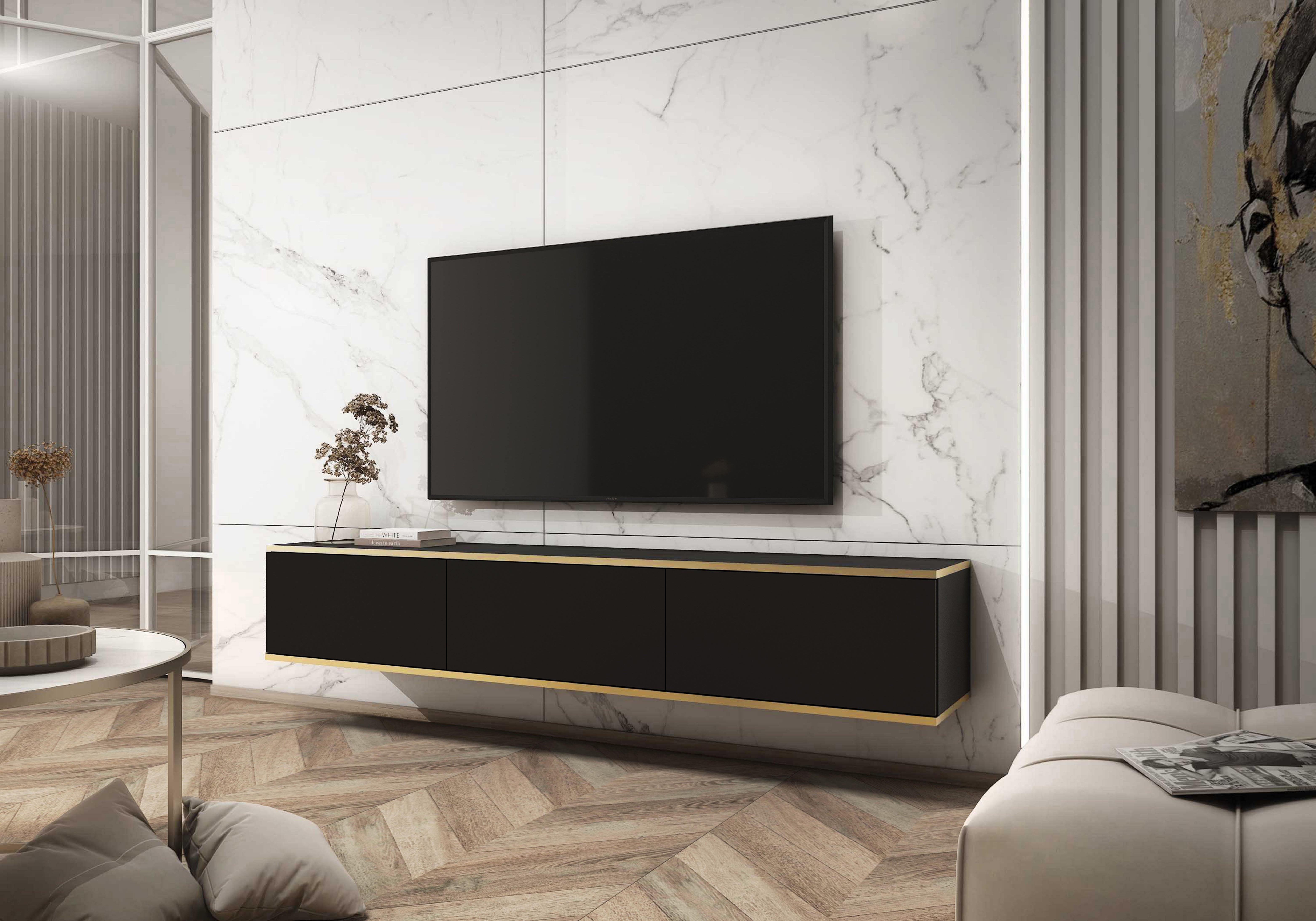 Stolik pod TV z czarnymi listwami, 175 x 30 x 32 cm, otwierany na naciśnięcie - 2