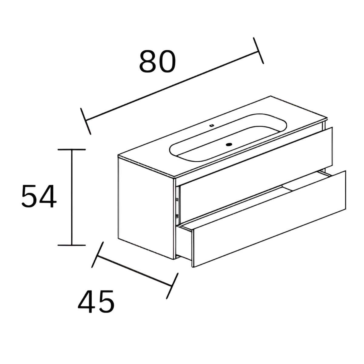 Meuble salle de bain ANCONA 80cm – Plan vasque Solid surface, 2 tiroirs, finition Finition Chêne Naturel, H 54cm x P 45cm - 3