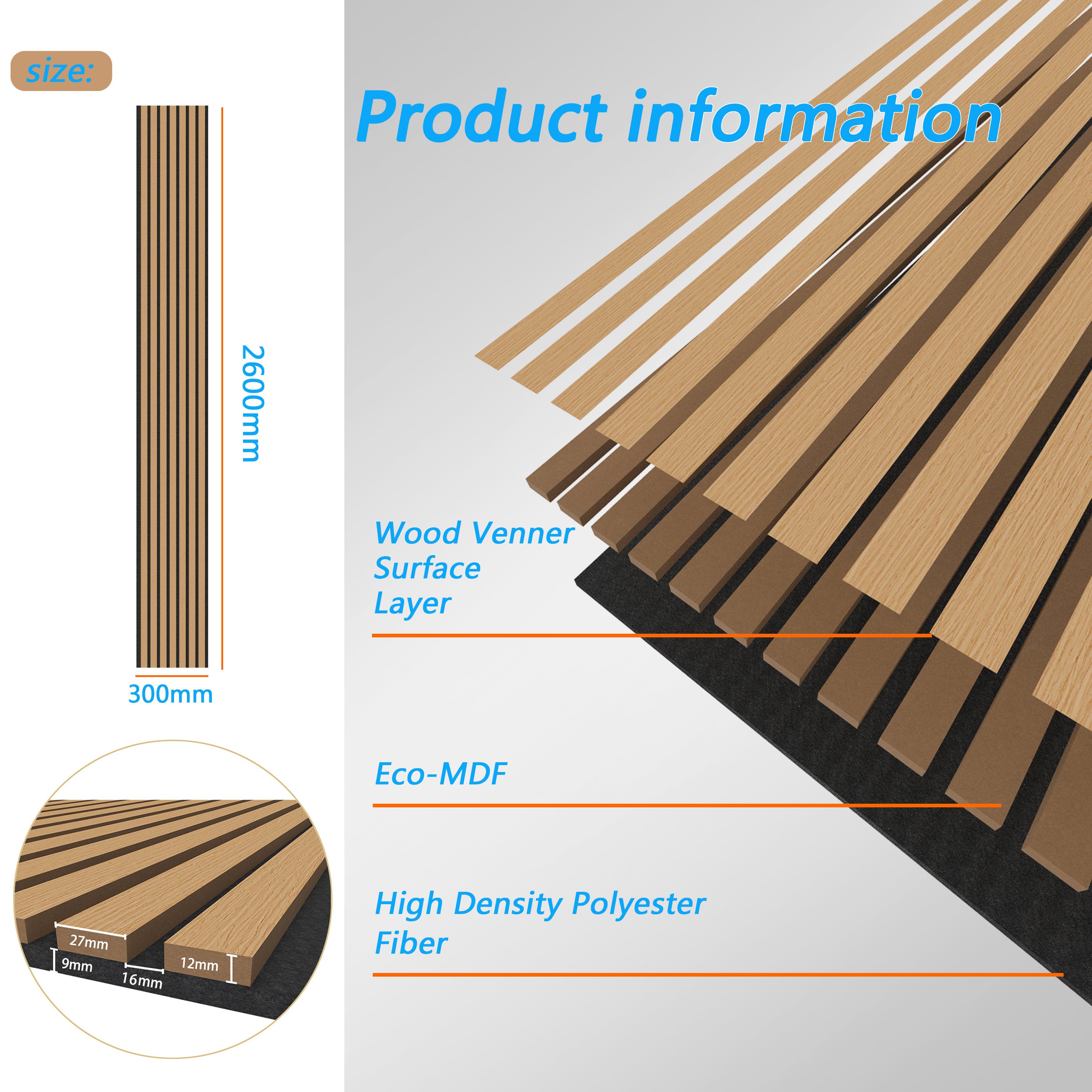 Lot de 3 panneaux muraux acoustiques décoratifs en bois MDF 260 x 30 cm, finition chêne foncé, excellente isolation acoustique, installation simple - 3