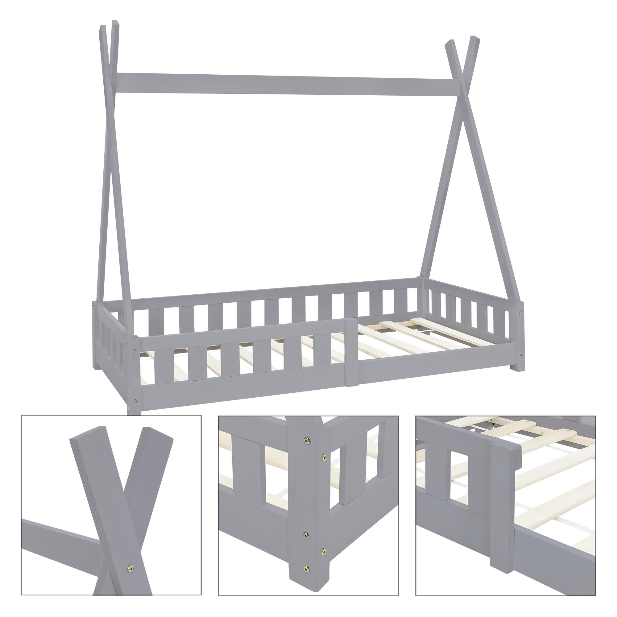 Lettino tepee per bambini 80x 160 cm con sponde, rete a doghe, letto tenda indiana da gioco in legno di pino massiccio grigio per cameretta bimbi - 4