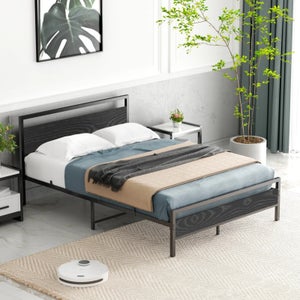 Struttura letto matrimoniale in metallo nero con testiera e pediera in legno, resistente, a forma ovale, con contenitore sotto-letto, doghe in acciaio, base per materasso, design rotondo, colore