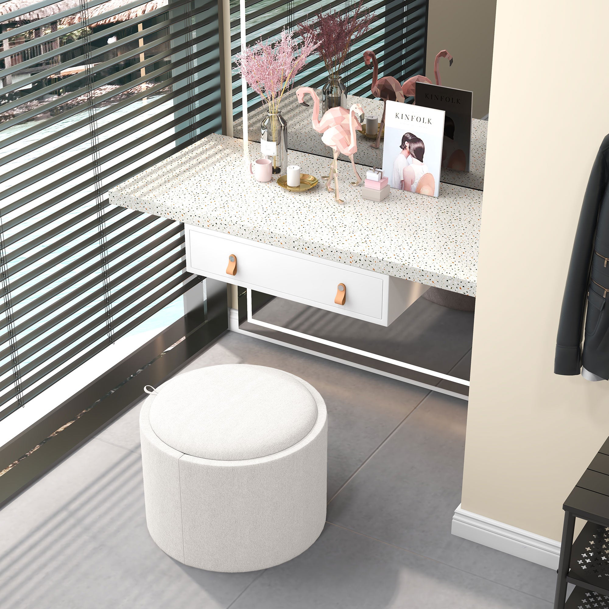 Tabouret rembourré en lin, rangement dissimulé, couvercle réversible, 56 cm x 56 cm x 42 cm, crème et naturel - 8