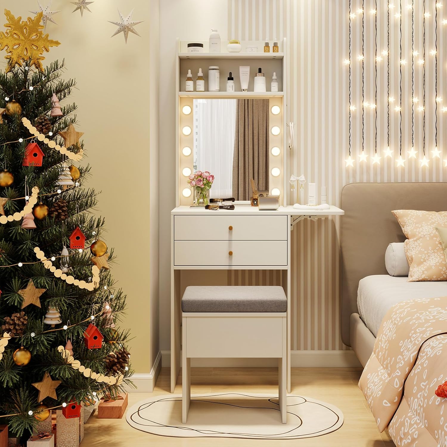 COSTWAY Toeletta Con Luci LED Regolabile, 3 Modalità Di Colore, Tavolo Da Trucco Con Specchio Ad Angolo Regolabile 5 Cassetti E Griglia Di Stoccaggio - 5