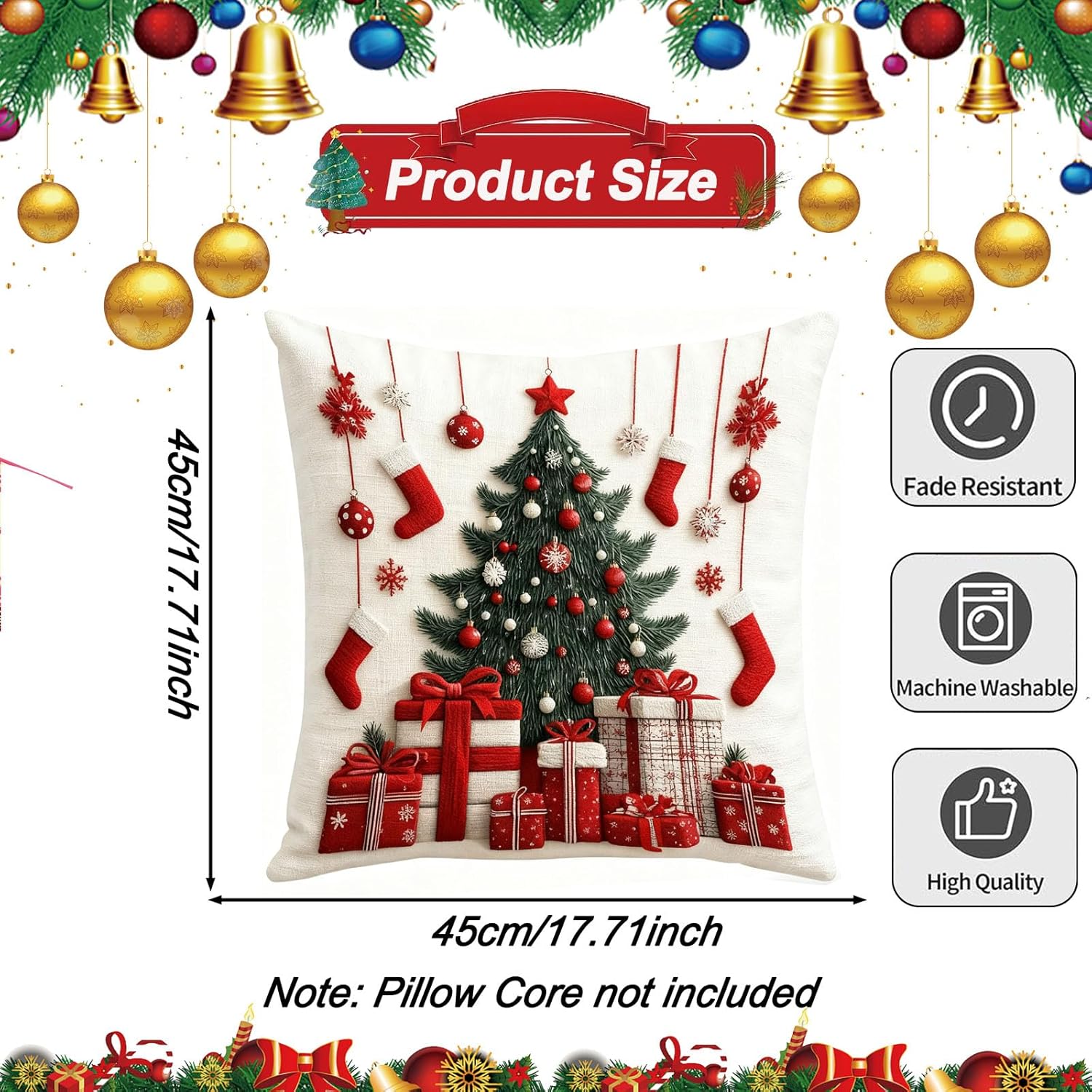 Housse de Coussin Noël 45 x 45cm, Lot de 4 Housse Coussin Noel Sapin, Lin Décoratif Taie d'oreiller de Noel d’Hiver, pour Canapé Salon Chambre Chaise - 4