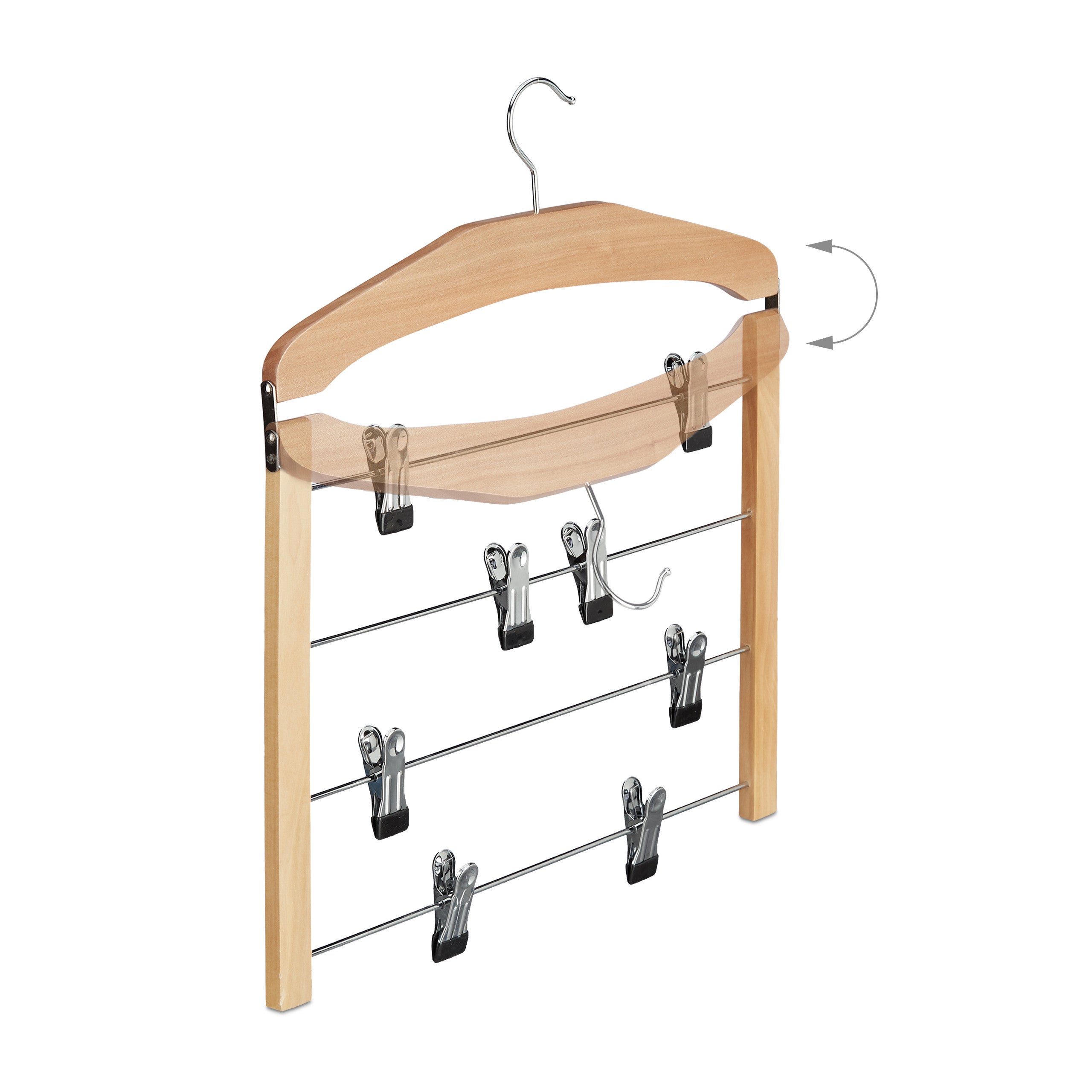 Cintre multiple bois crochet 360° pantalons lot de 3 antidérapant HxlxP: 45,5 x 39 x 2,5 cm, argenté nature, Relaxdays - 6