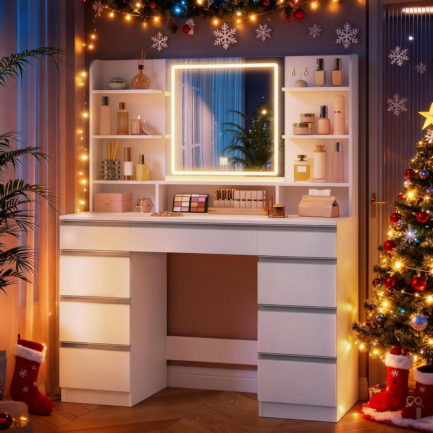 Grande Coiffeuse avec Éclairage LED, 3 Couleurs, Luminosité Réglable, Miroir, 9 Tiroirs, 9 Étagères Ouvertes, Blanc-Argent - 6