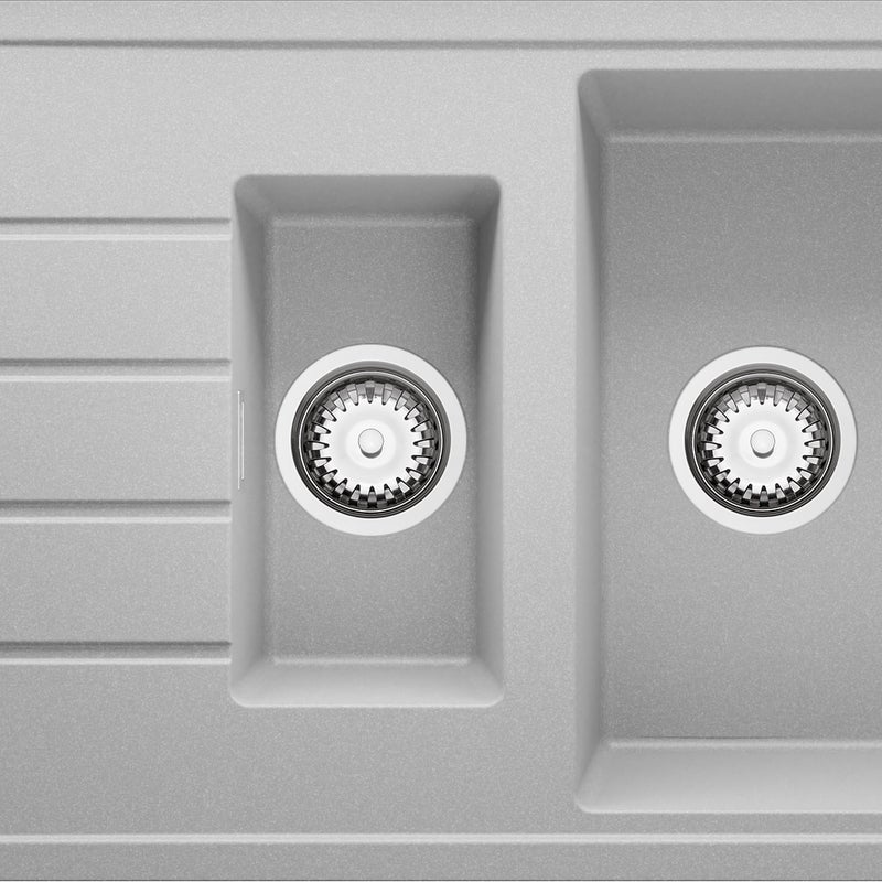 Zlewozmywak Szary 90x50cm, Zlew Kuchenny 1,5 Komorowy + Syfon, Nablatowy do szafki od 60cm - Kopenhaga Duo PRIMAGRAN