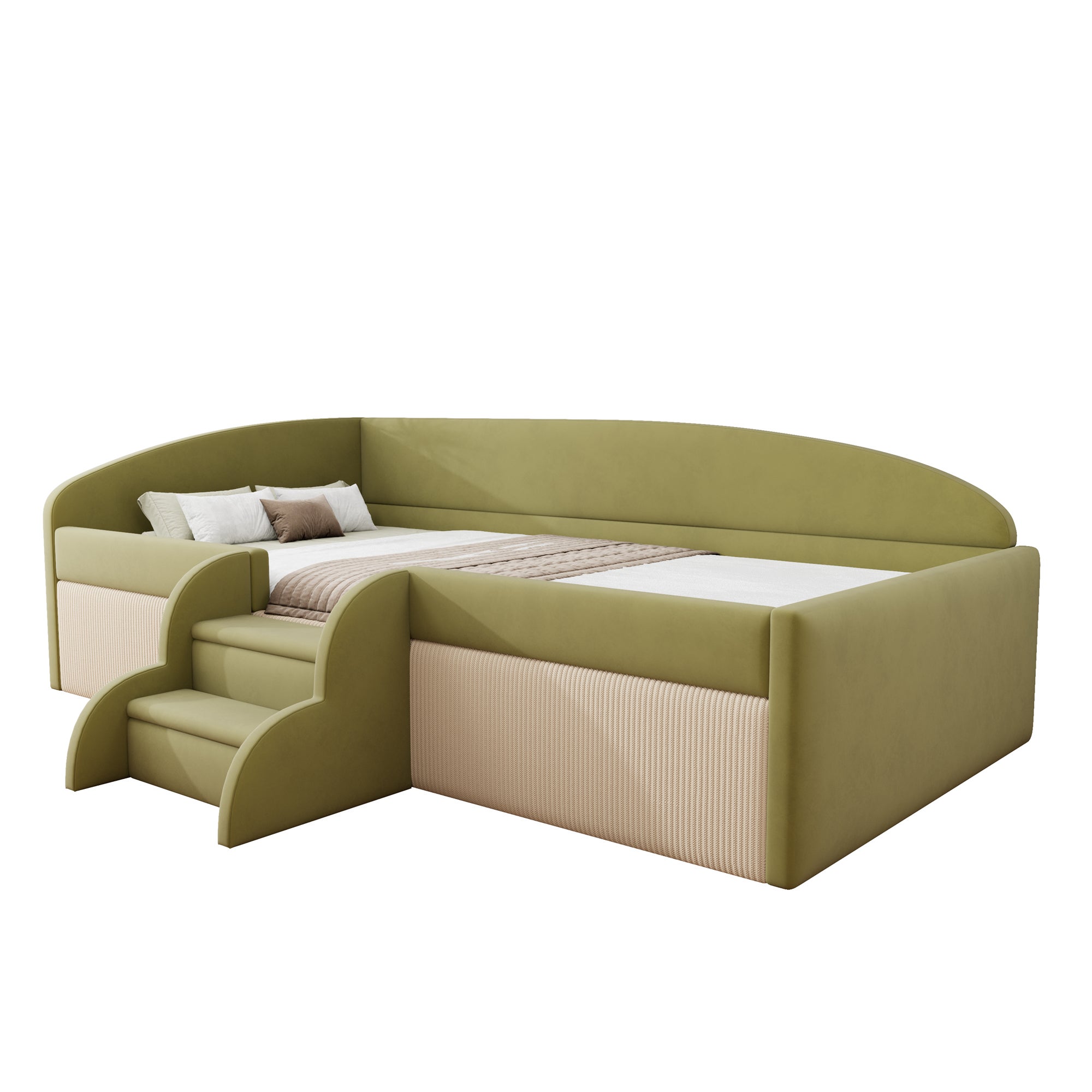 Divano letto 90x190 cm velluto verde beige con poggiapiedi e braccioli - 7