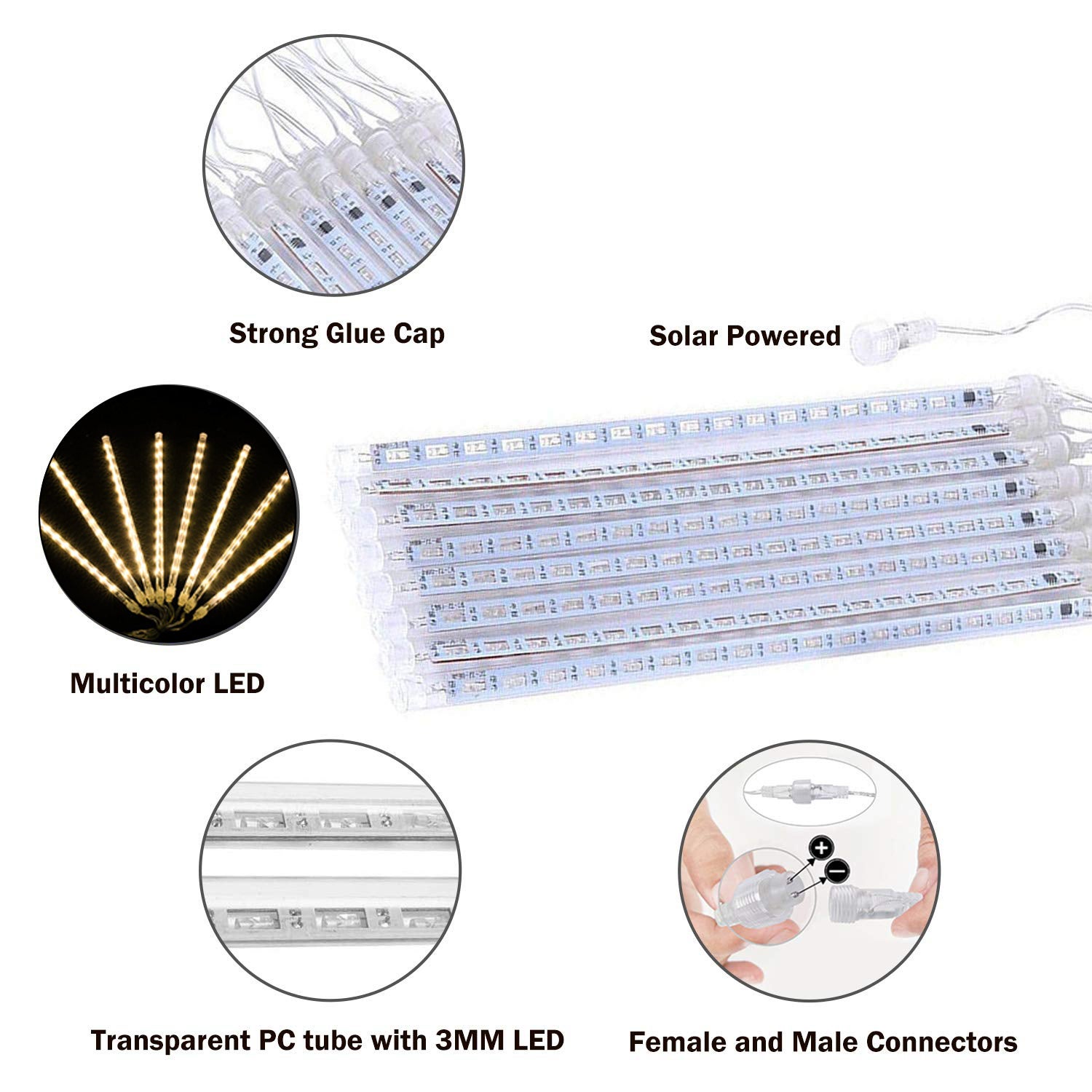 Luces navideñas para exteriores, 360 luces LED de lluvia de meteoritos, decoraciones navideñas, luces de hadas navideñas (10 tubos - 50 cm) - 6