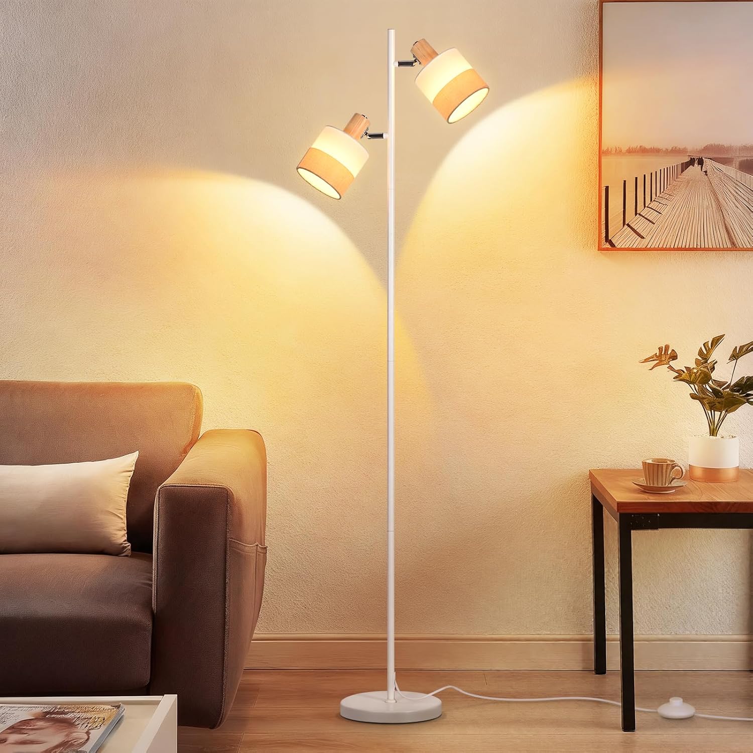 Lampa podłogowa Nettlife Vintage z drewna, 2xE14, styl retro, klosz z materiału, obrotowa, przełącznik nożny, salon/sypialnia