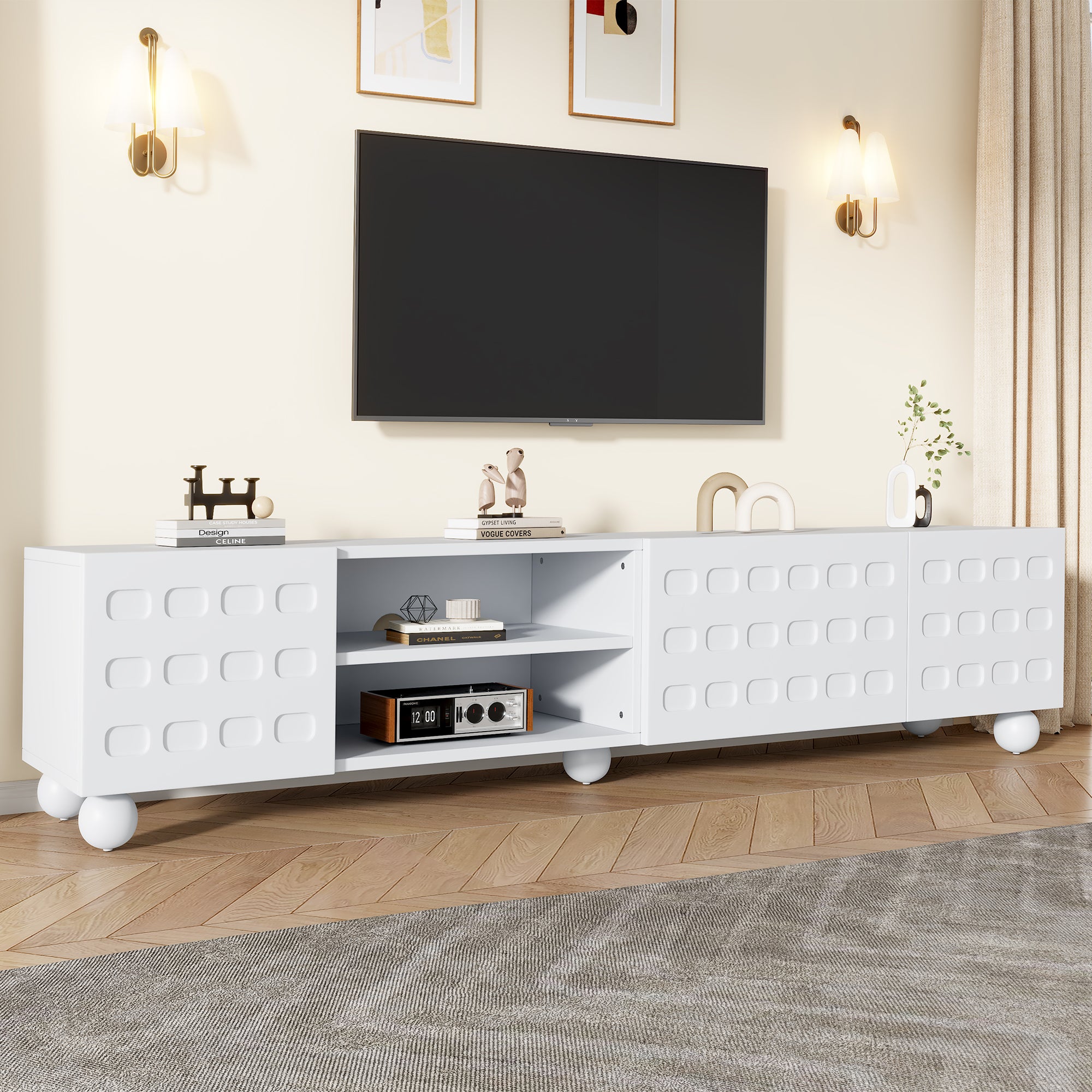 Stojak pod TV z 3 drzwiami i 2 półkami do telewizorów do 80 cali - 200 x 40 x 44 cm - Płyta wiórowa - Biały