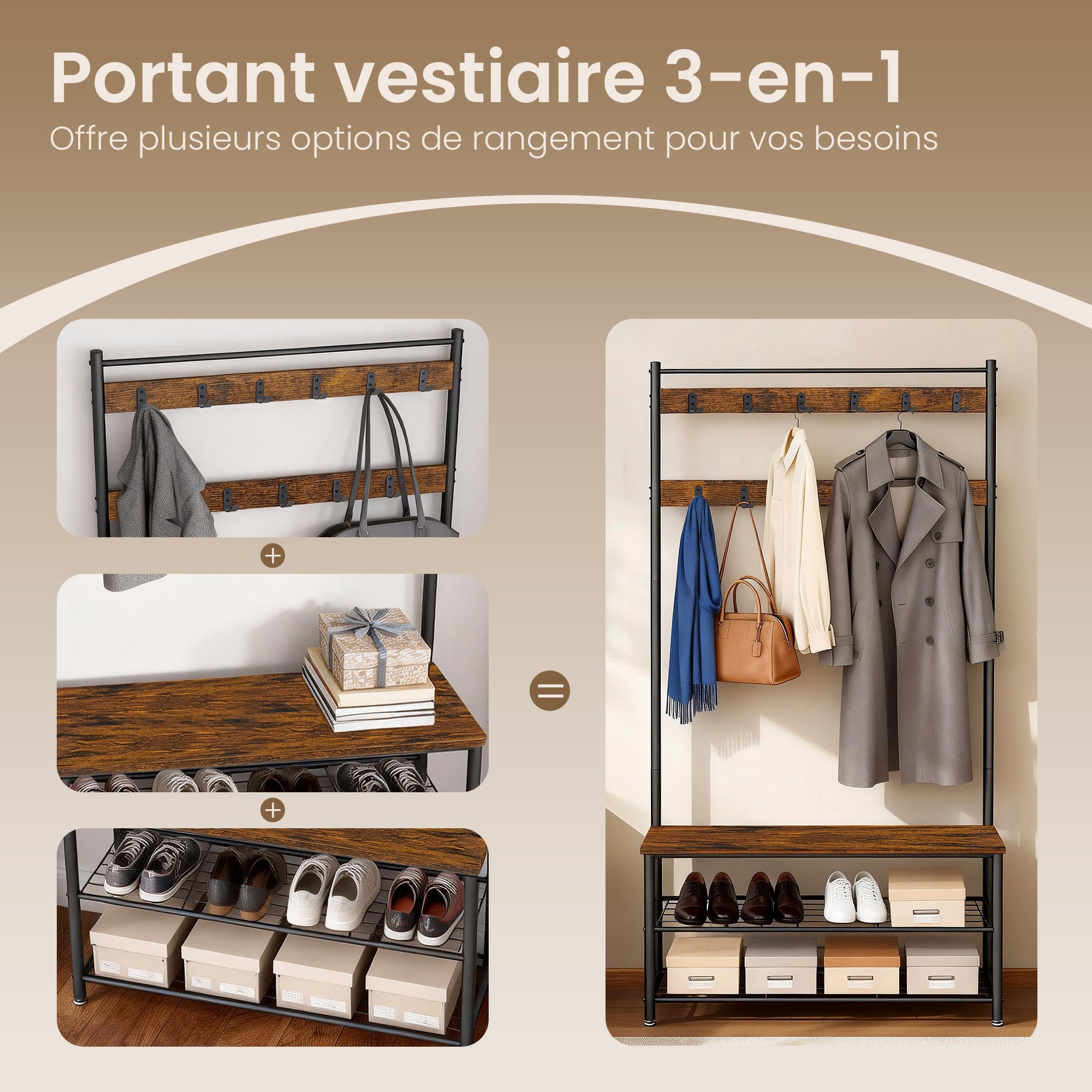Portemanteau d’Entrée avec Banc de Rangement à Chaussures, 85 x 32 x 175 cm, Marron et Noir - 6