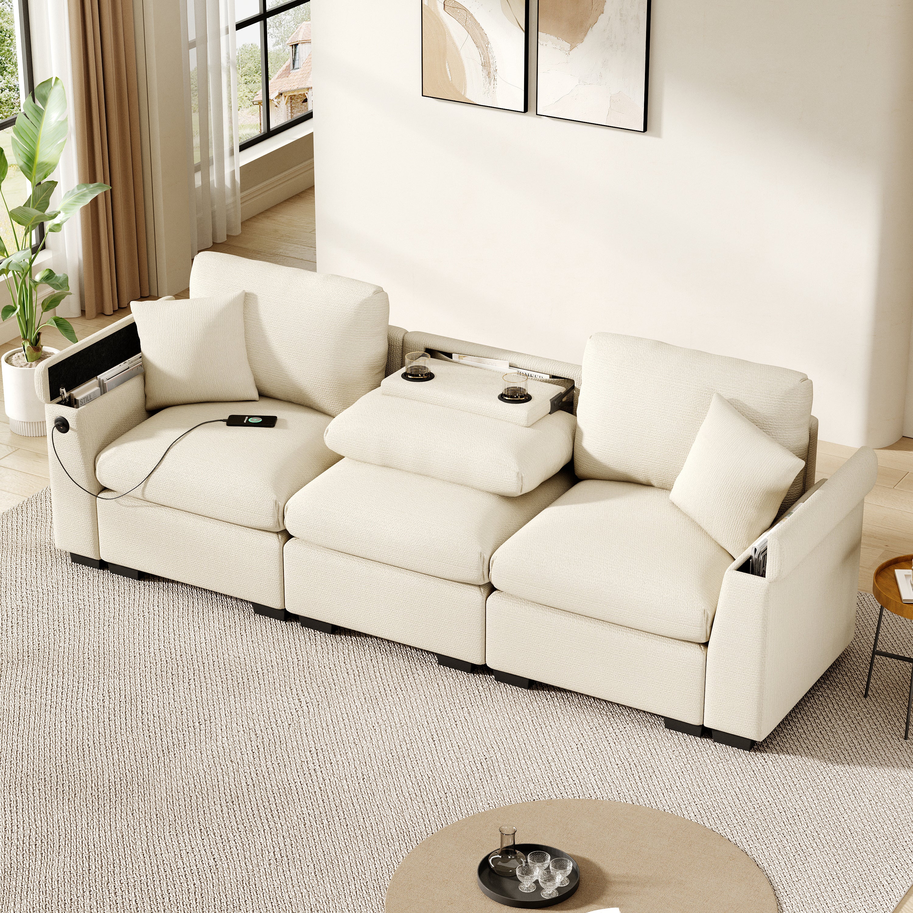 Canapé droit 3 places avec table rabattable, USB, porte-gobelet, rangements et coussins en chenille beige - OKMYHOME - 9
