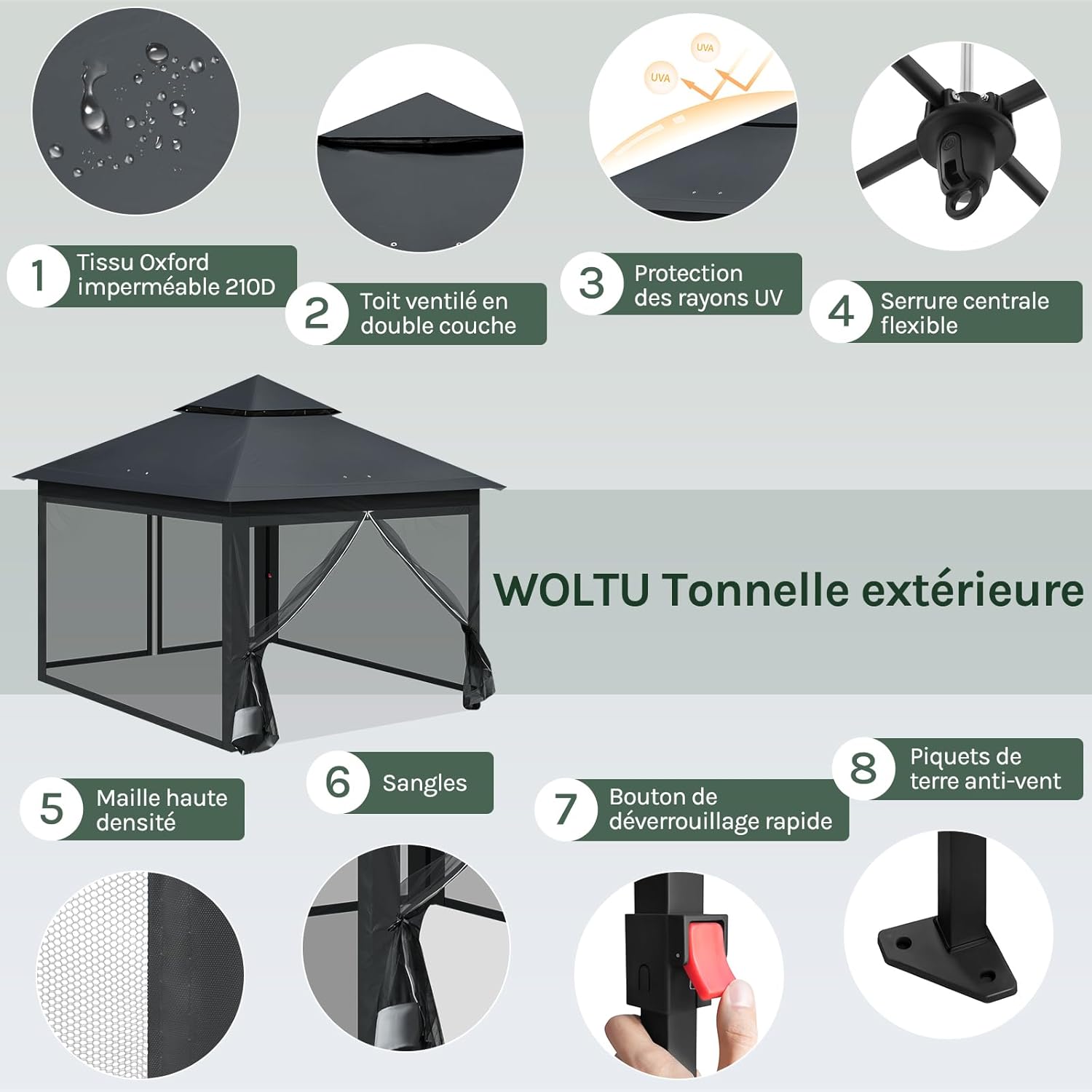 Tonnelle de Jardin Extérieur WOLTU, Tonnelle Pliante 3x3m, avec Moustiquaire Amovible, Résistant aux UV, Double Toit Imperméable, Anthracite - 5