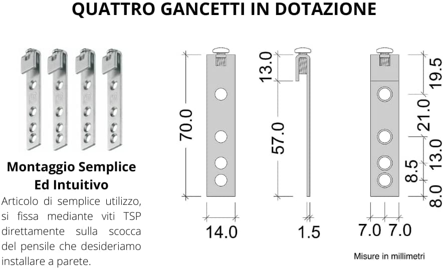 2 Metros - Barra de guia de carris L. 2029MM + 4x Cabide ajustável para pendurar móveis pendurados - 4