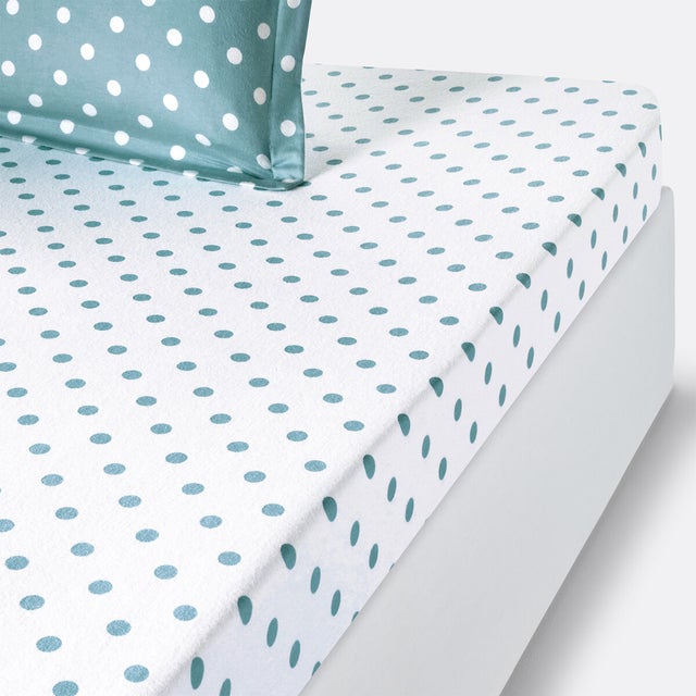 Drap housse flanelle imprimé pois, Clarisse - Céladon/blanc - 140 x 190 cm