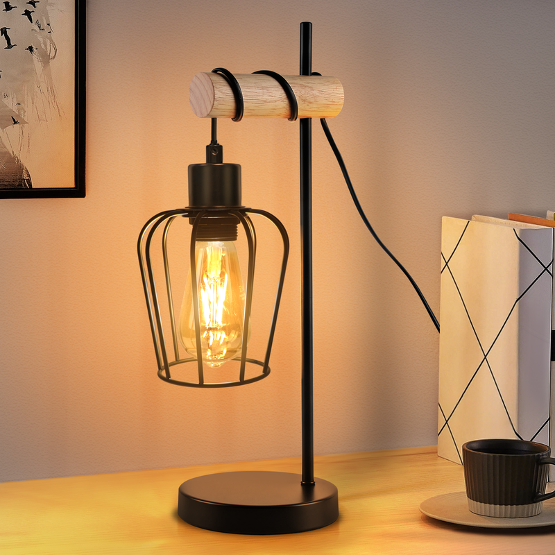 ZMH Lampa stołowa do salonu vintage drewniana lampka nocna czarna 1 żarówka industrialny design metalowa z gniazdem E27 bez żarówki