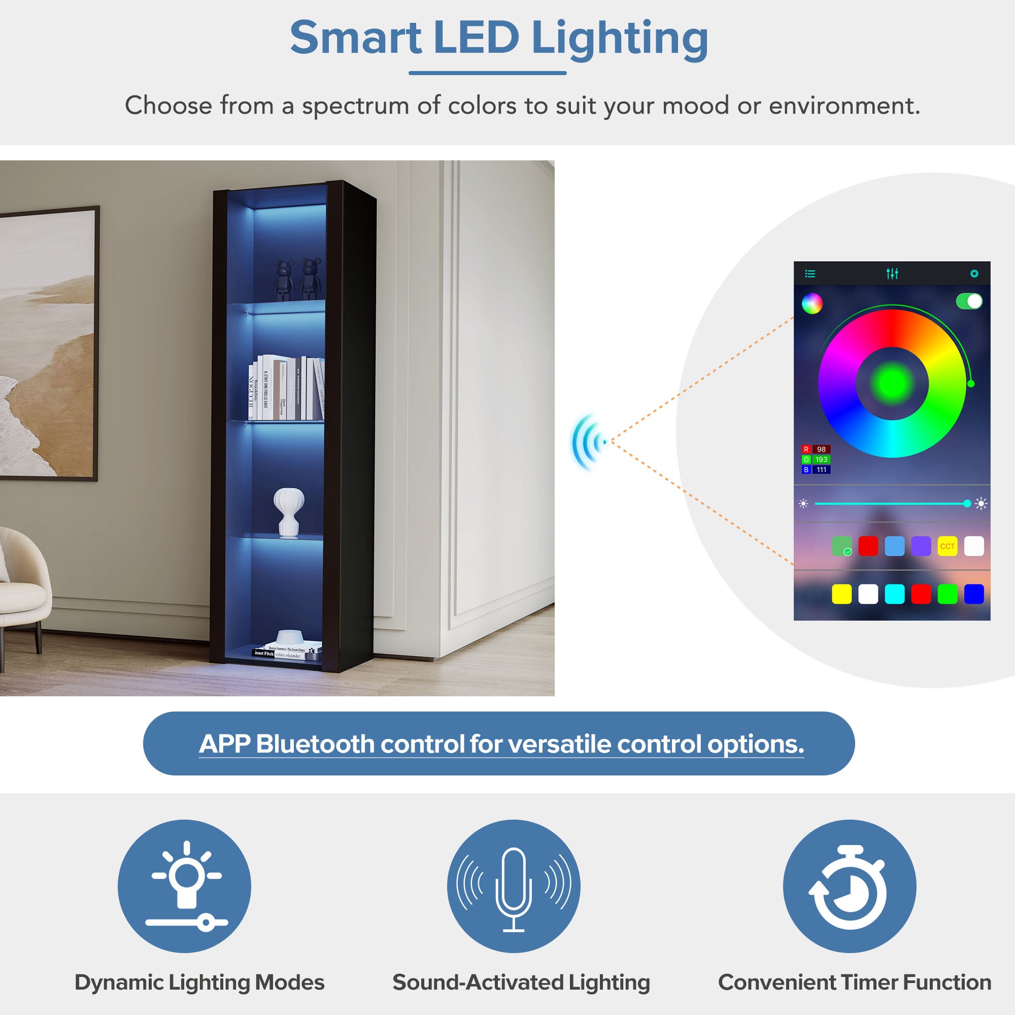 Vitrina L 166 cm con LED - 3 estantes de cristal - Negro - 6