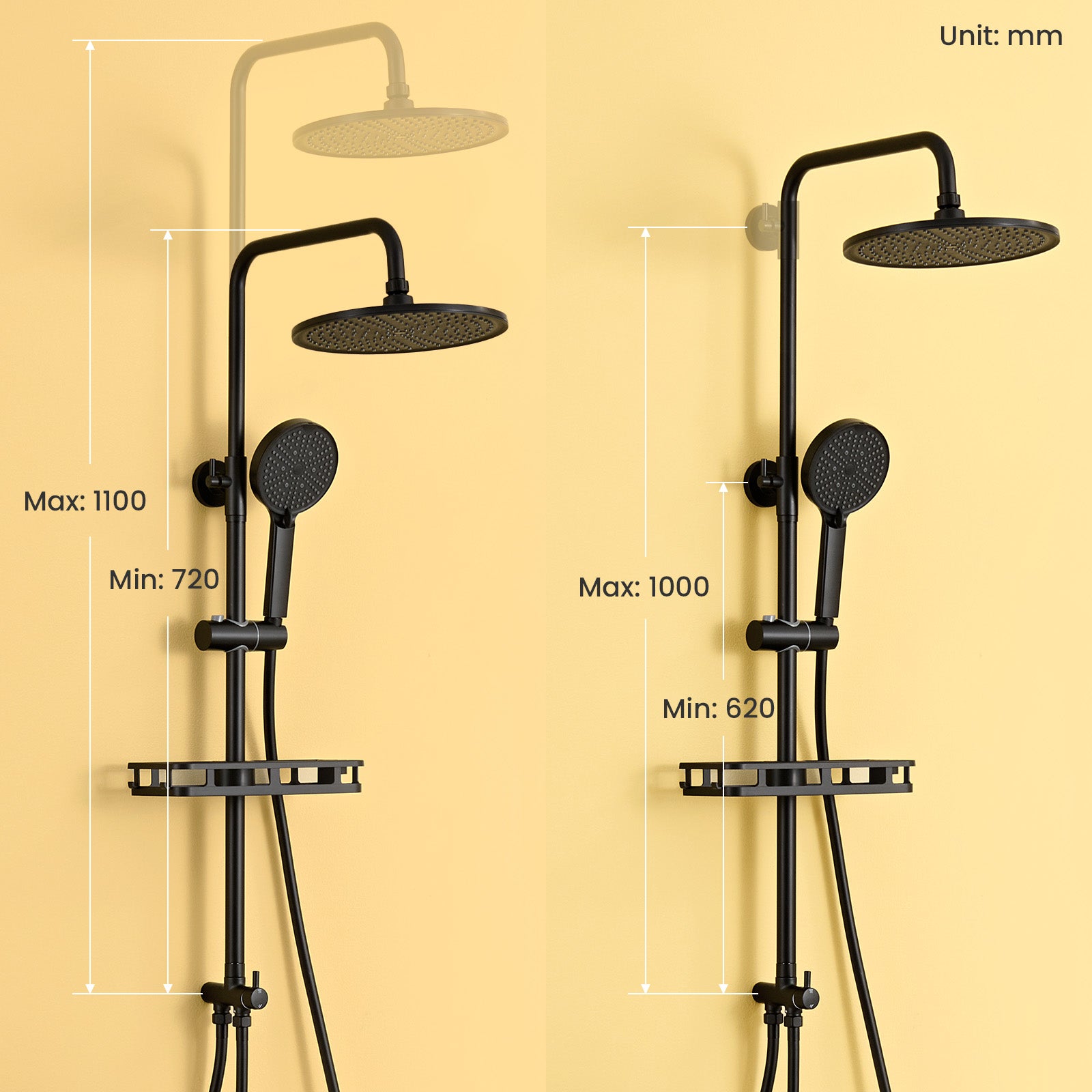 Colonne Douche Sans Robinet en Inox Noir- Ensemble Mural Réglable Avec Pommeau Effet Pluie Rond(25*25 CM),Douchette 4 Fonctions/Étagère - 8