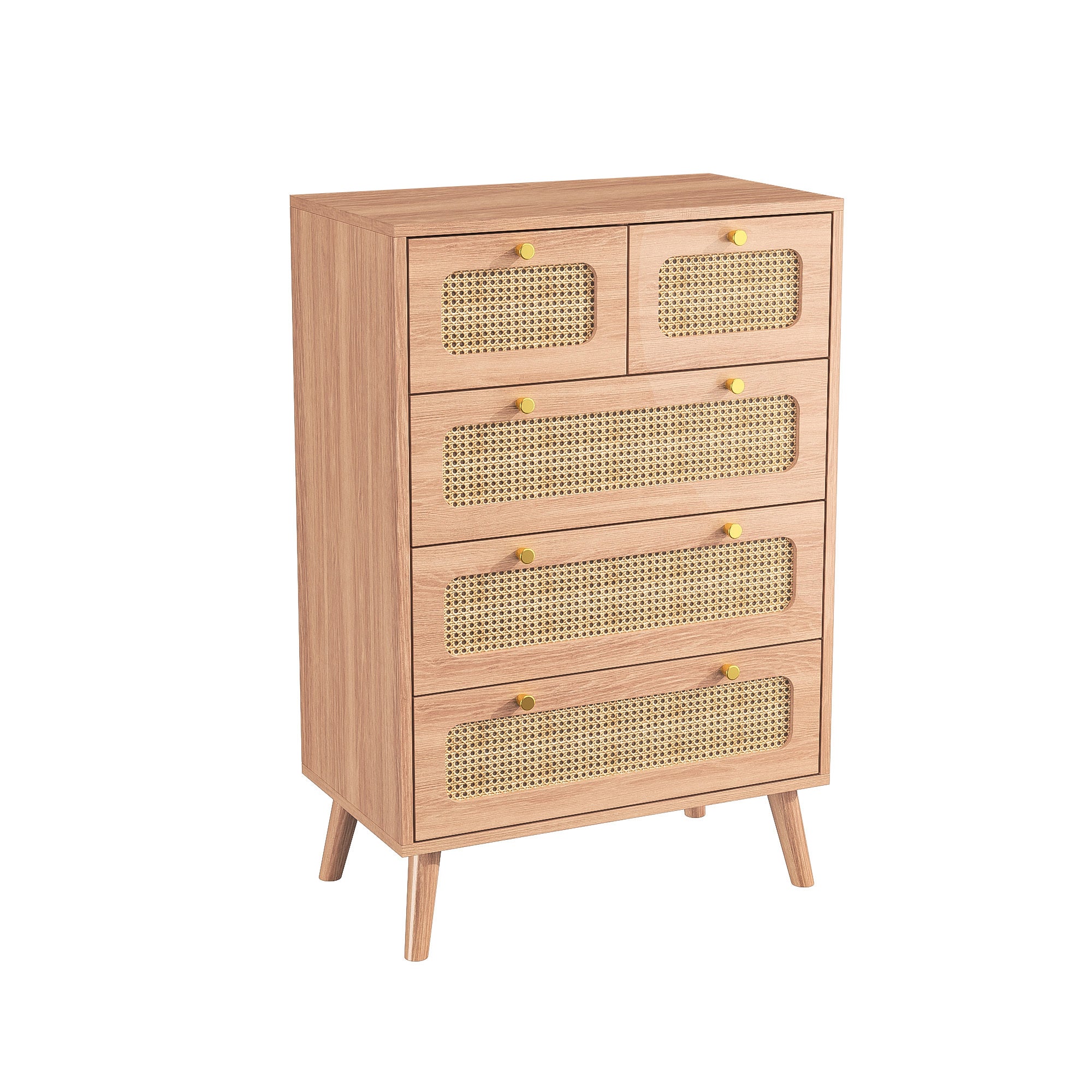Commode - COZY - Avec 5 tiroirs - Scandinave - 60 x 34 x 91 cm - tiroirs en rotin - Couleur bois naturel - 8