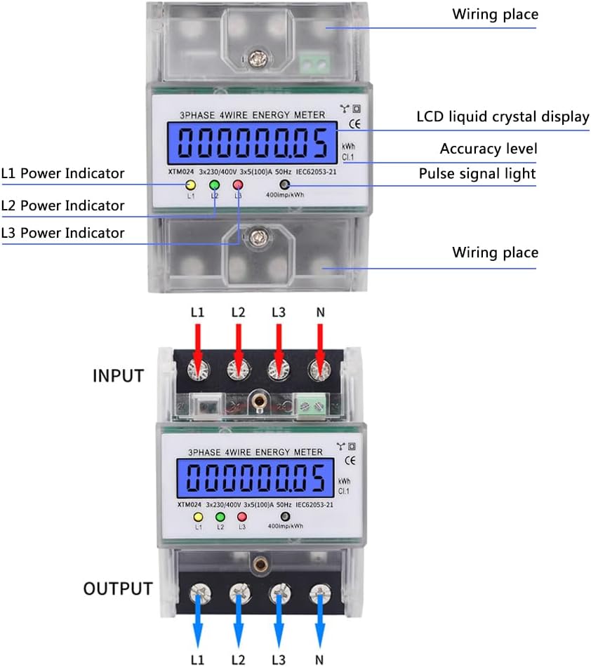 Contador Inteligente de Energia 5-100A - Display LCD Digital Trifásico, Consumo de Energia para Submedição - 4