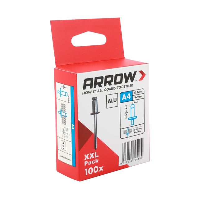 Arrow Rivets aveugles RA Ø4x6 mm 100 pièces, rivets pop en aluminium, idéaux pour la fixation de métaux non ferreux, plastique, cuir et tissus