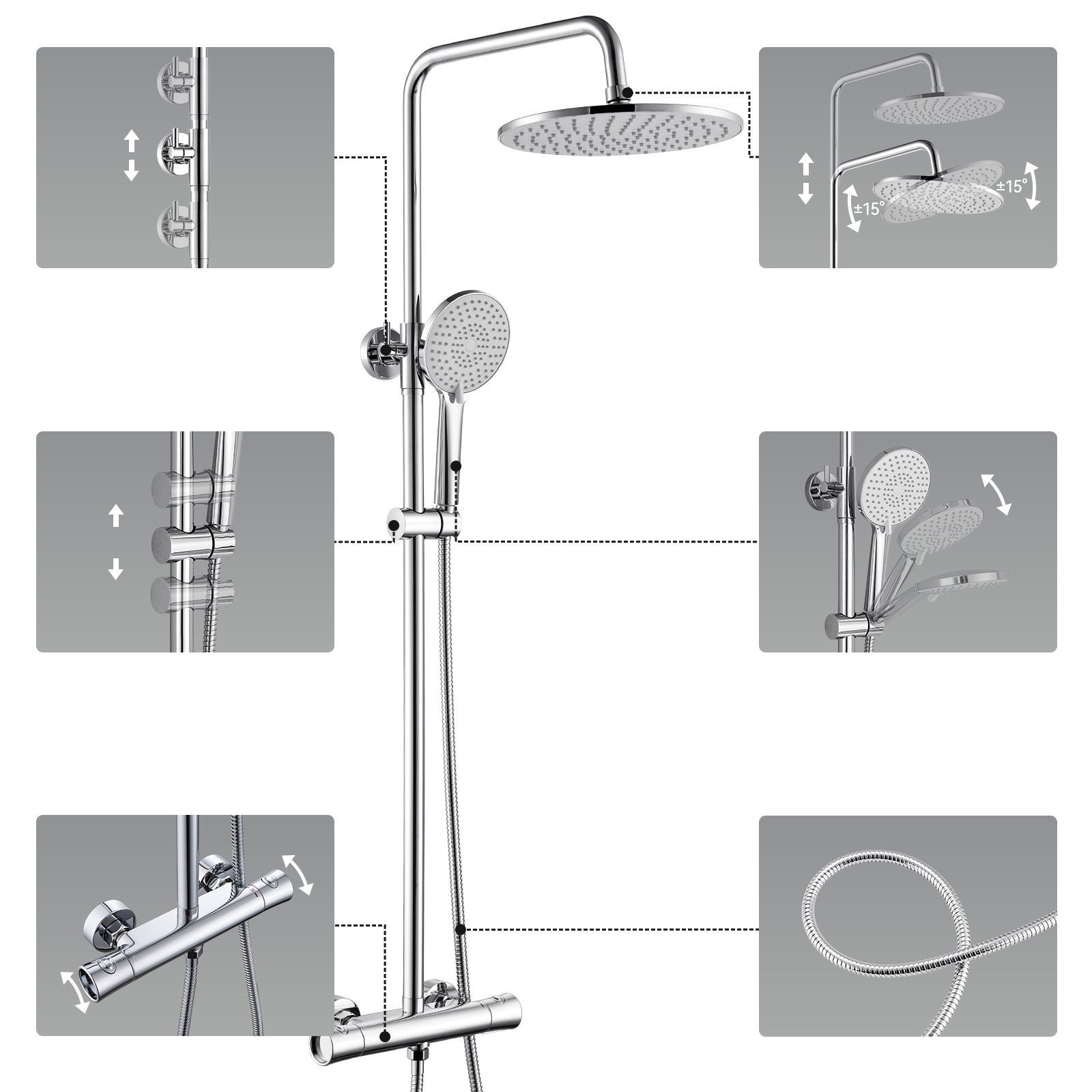 Lot 20 Colonnes Douche Chromées,Thermostatiques,avec Pommeau Douche 3 Jets,Douche Tête 25 x 25 cm,Hauteur Réglable,Ensemble Douche Salle Bain,Rond - 7