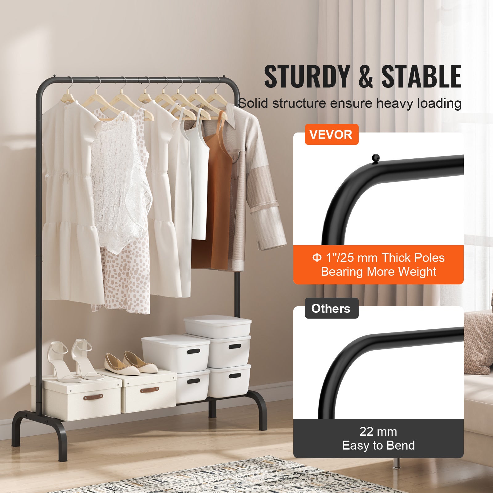 Portant à Vêtements VEVOR 101x40x151 cm, avec Étagères à Chaussures, en Acier au Carbone Stable, pour Rangement Buanderie Chambre à Coucher, Noir - 3