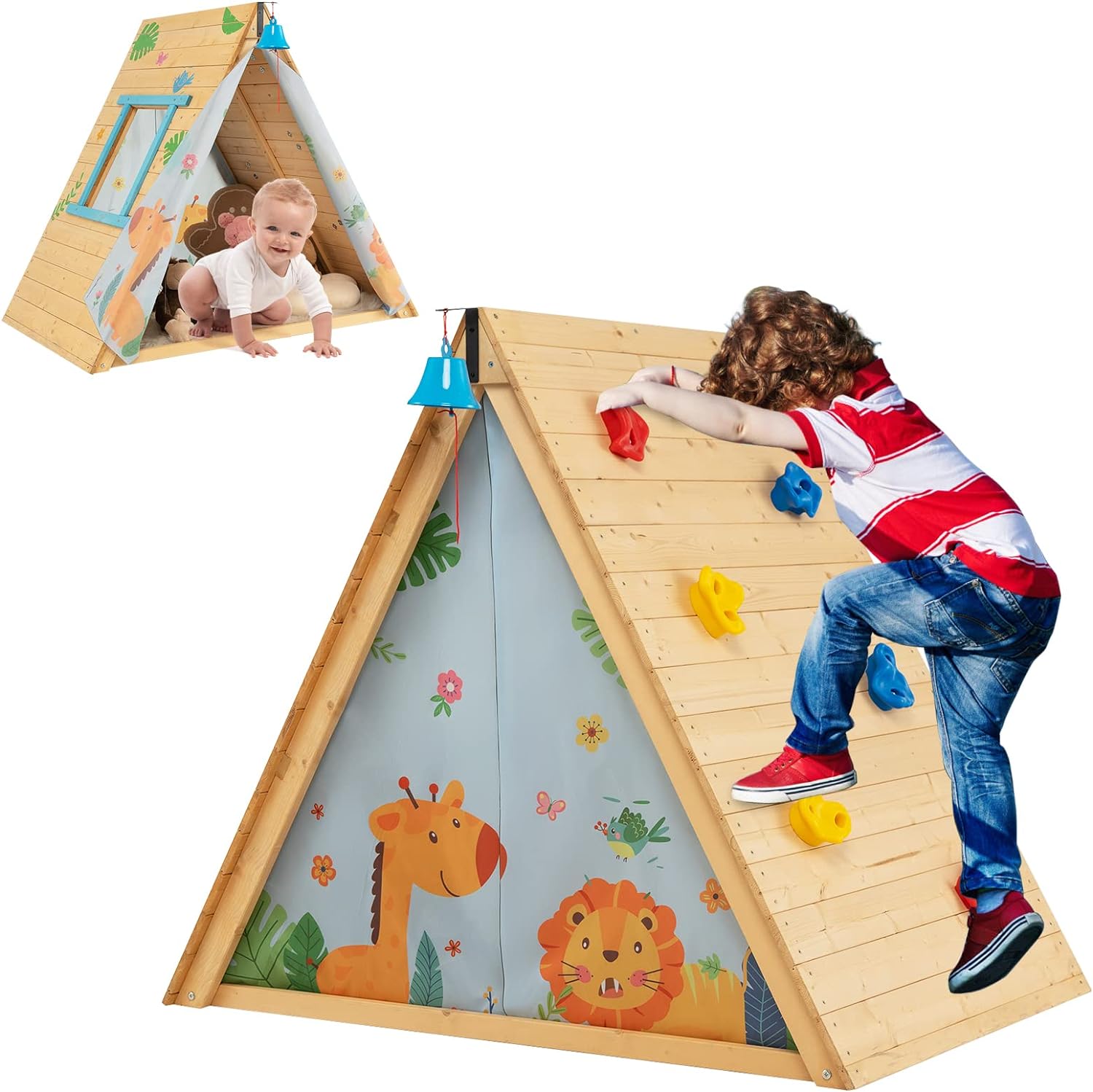 Namiot do Zabawy w Kształcie Trójkąta, Domek do Zabawy dla Dzieci w Wieku 3-8 Lat, Namiot z Drewna, Otwarte Okno, Obciążenie 30 kg, 115 × 77 × 100 cm