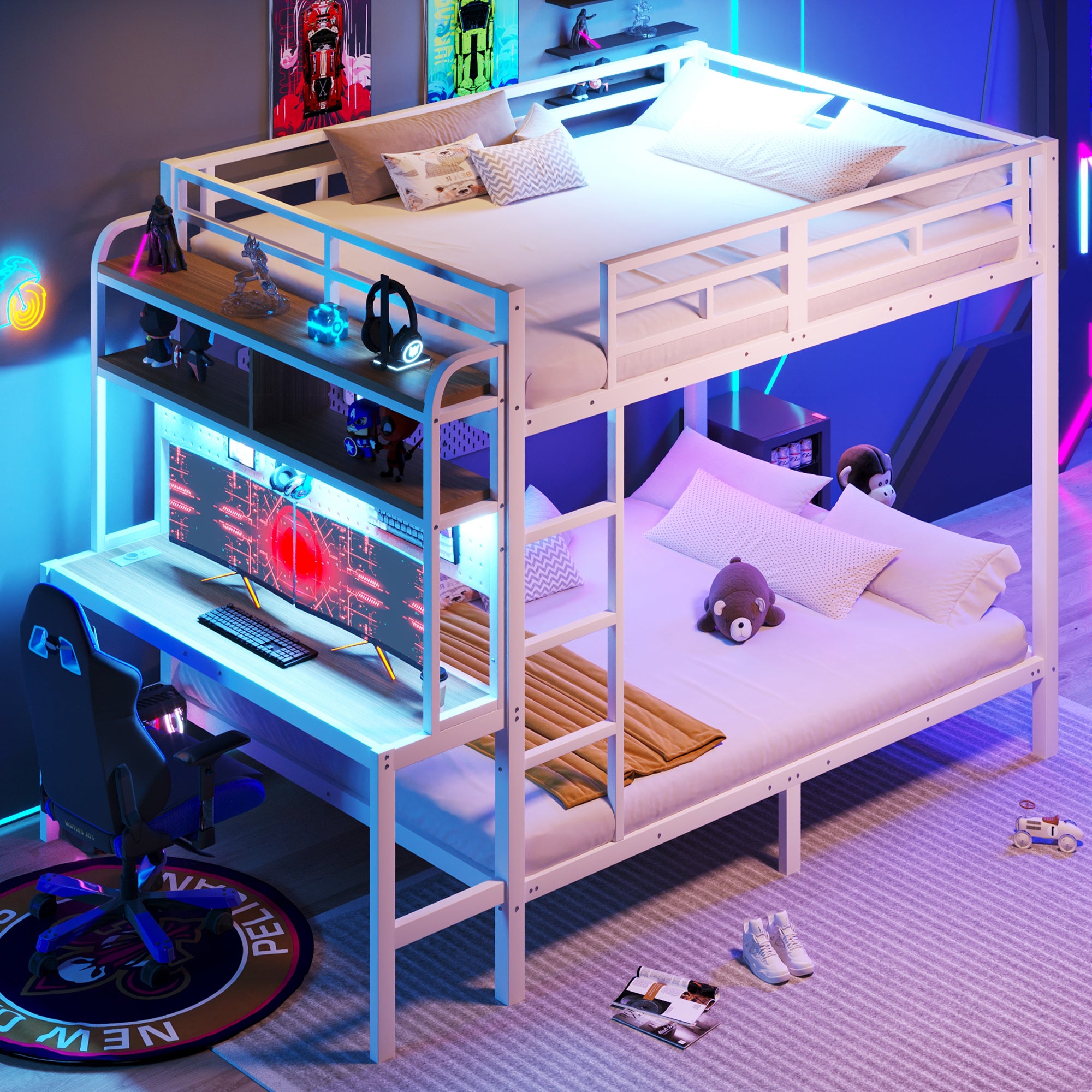 Lit superposé 140x200 avec bureau intégré, LED et ports USB - Structure métal, garde-corps et échelle - Blanc (sans matelas) - 3
