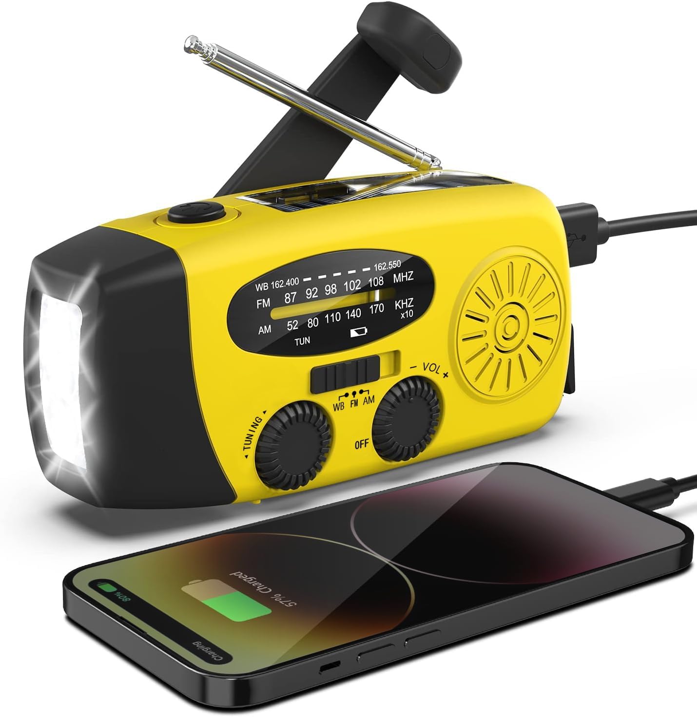 Radio AM/FM zasilane energią słoneczną – przenośne, z akumulatorem 2000 mAh i korbką dynamo – port USB, latarka z możliwością ładowania